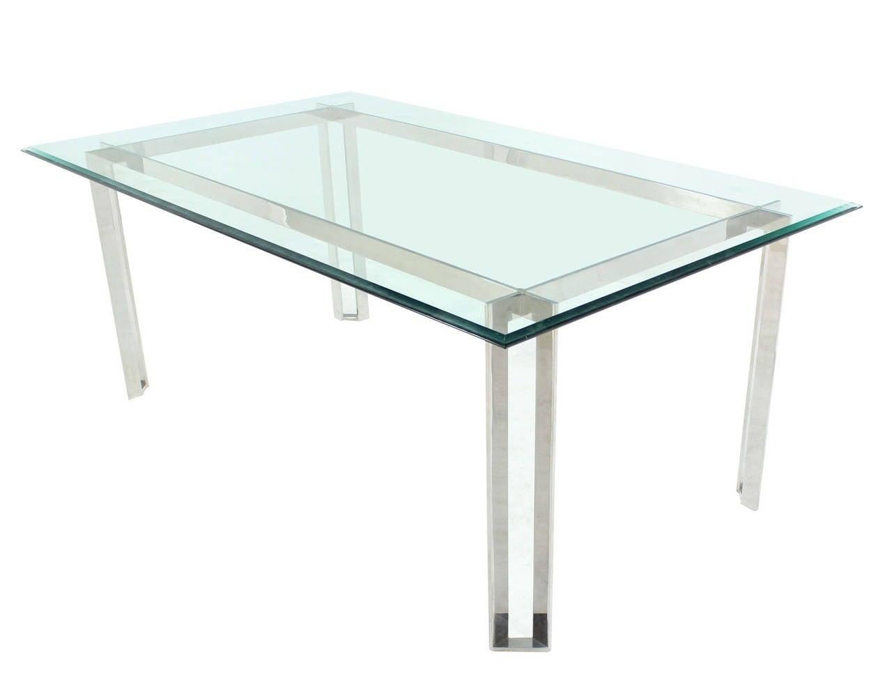 Poli Base en acier inoxydable poli  Table de salle à manger à plateau de verre épais Mid Century  en vente