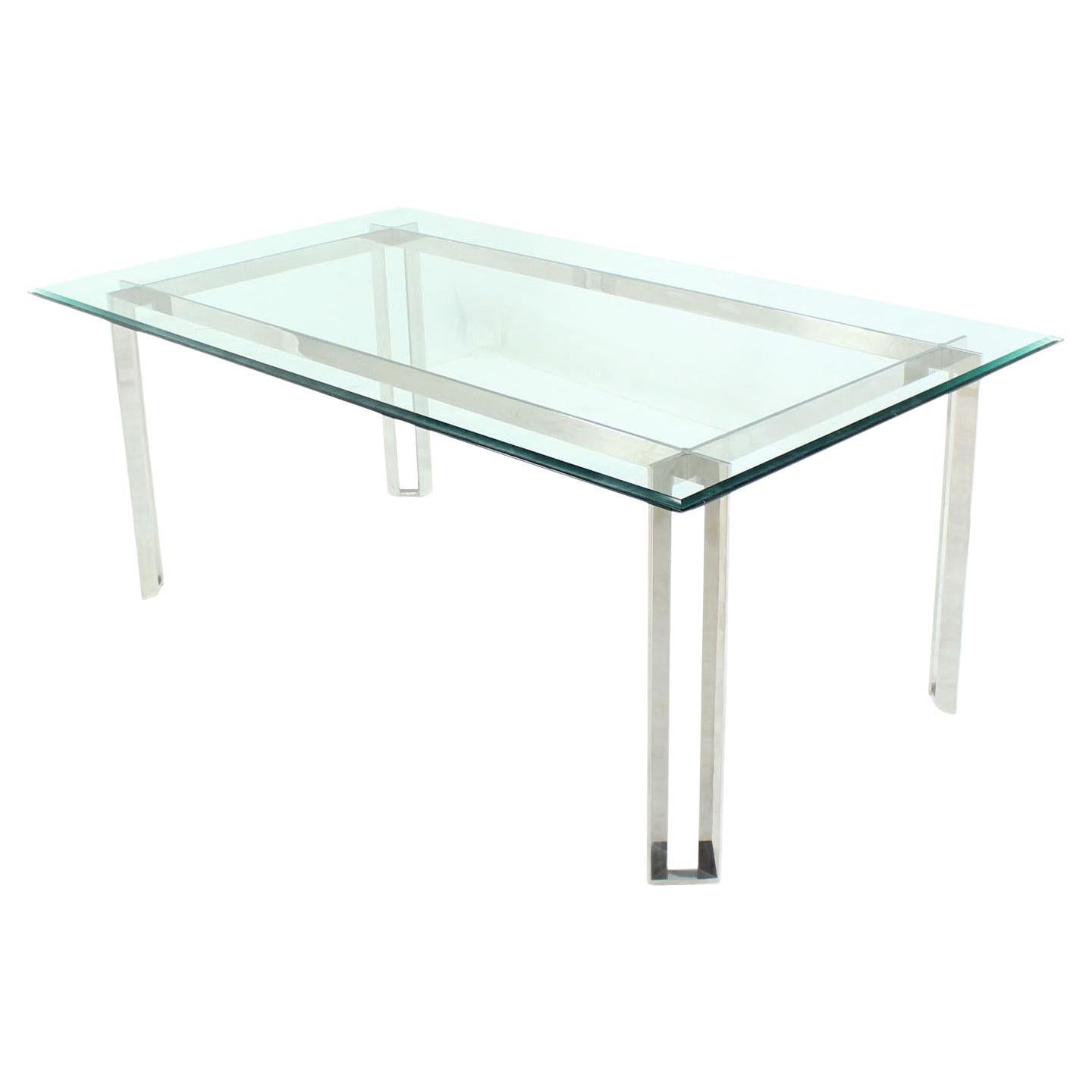 Polished Stainless Steel Base  Thick Glass Top Dining Room Table Mid Century  For Sale