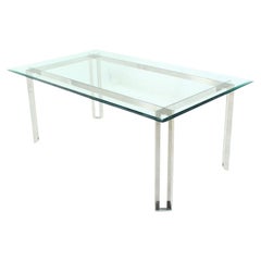 Vintage Polished Stainless Steel Base  Thick Glass Top Dining Room Table Mid Century 