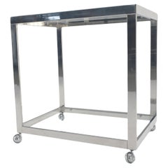 Polished Stainless Steel Box Shape Two Tier Serving Bar Cart Chrome Mid Century