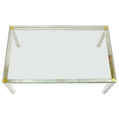 Table basse rectangulaire en acier inoxydable poli et plateau en verre, milieu du siècle dernier