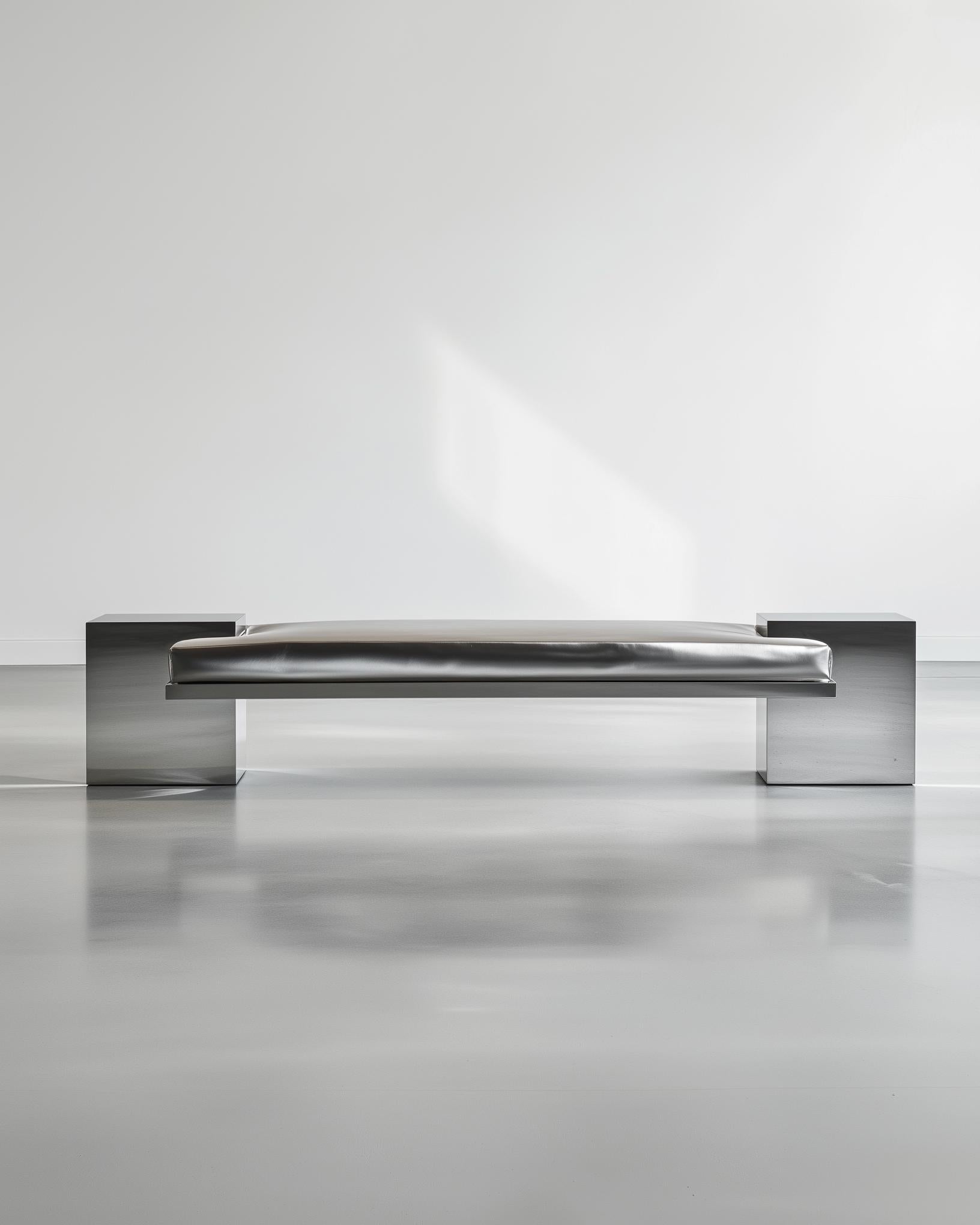 El Banco Coexist es un sorprendente estudio de contrastes, que combina acero inoxidable pulido con una lujosa tapicería de piel plateada. Sus líneas limpias y arquitectónicas resaltan la armonía entre la fuerza industrial y la suavidad refinada,