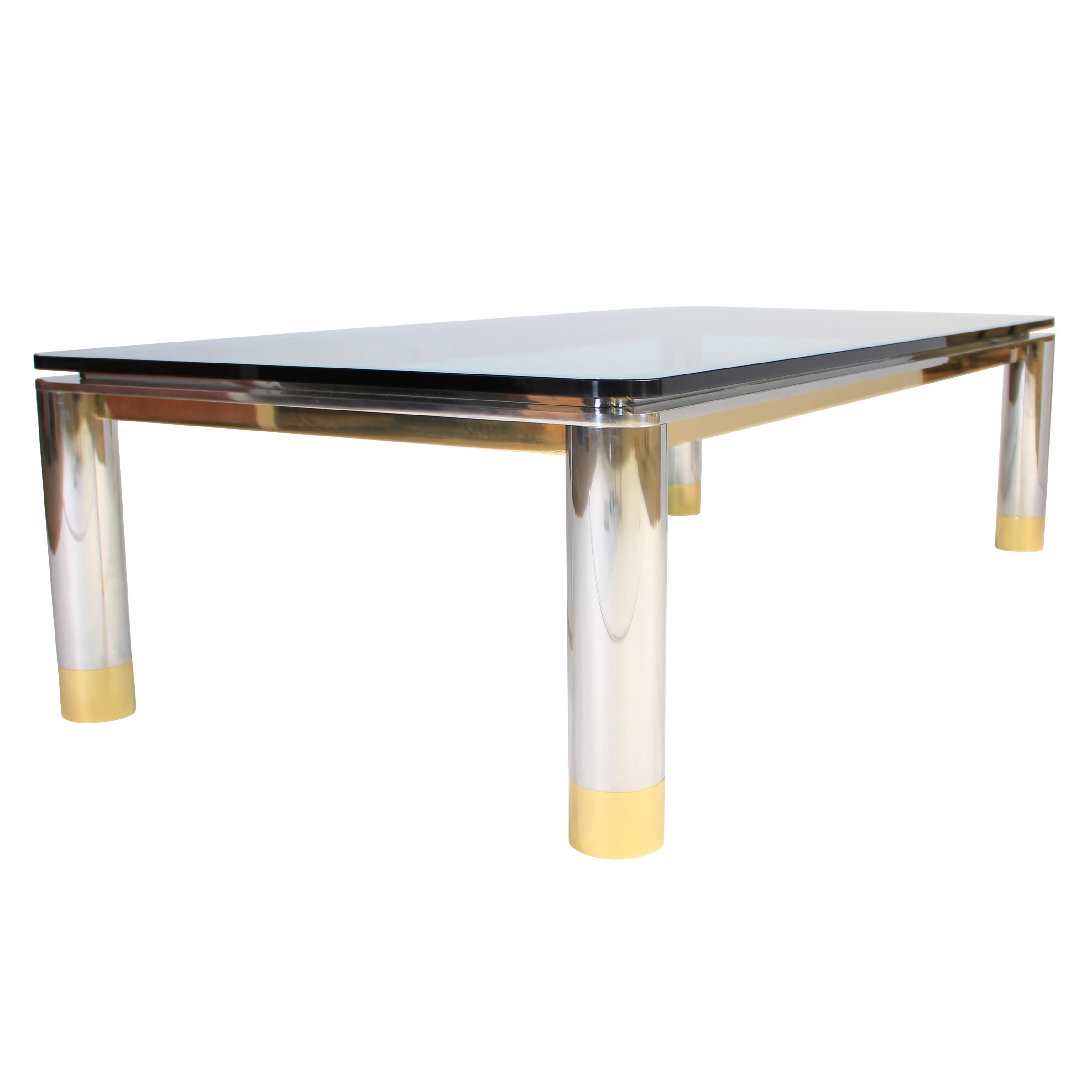 American Polished Stainless Steel, Glass and Brass Coffee Table, circa 1970s