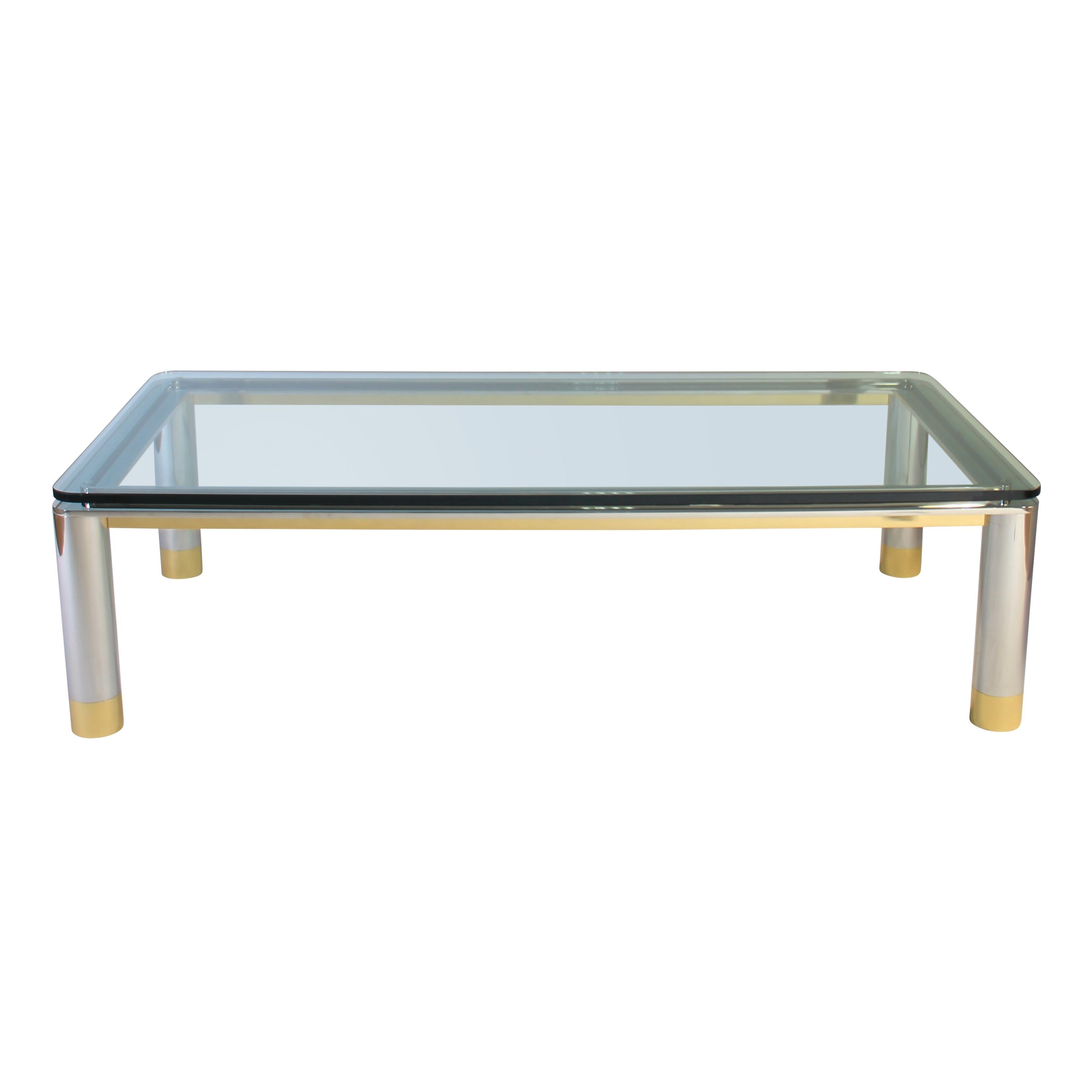 Polished Stainless Steel, Glass and Brass Coffee Table, circa 1970s