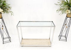 Polished Stainless Steel Glass Top Travertine Bottom Rectangle Console Table