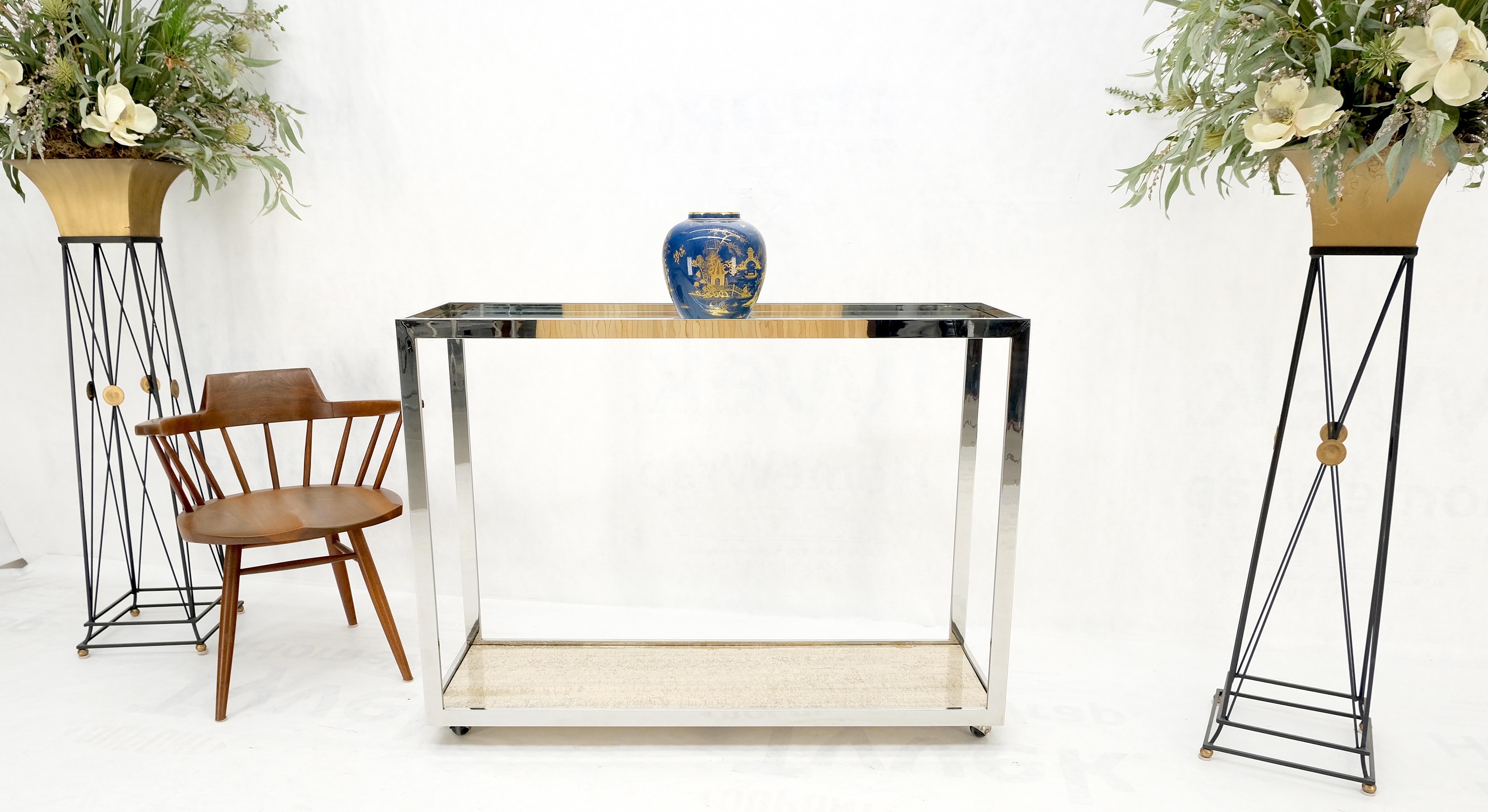 20th Century Polished Stainless Steel Glass Top Travertine Bottom Rectangle Console Table For Sale