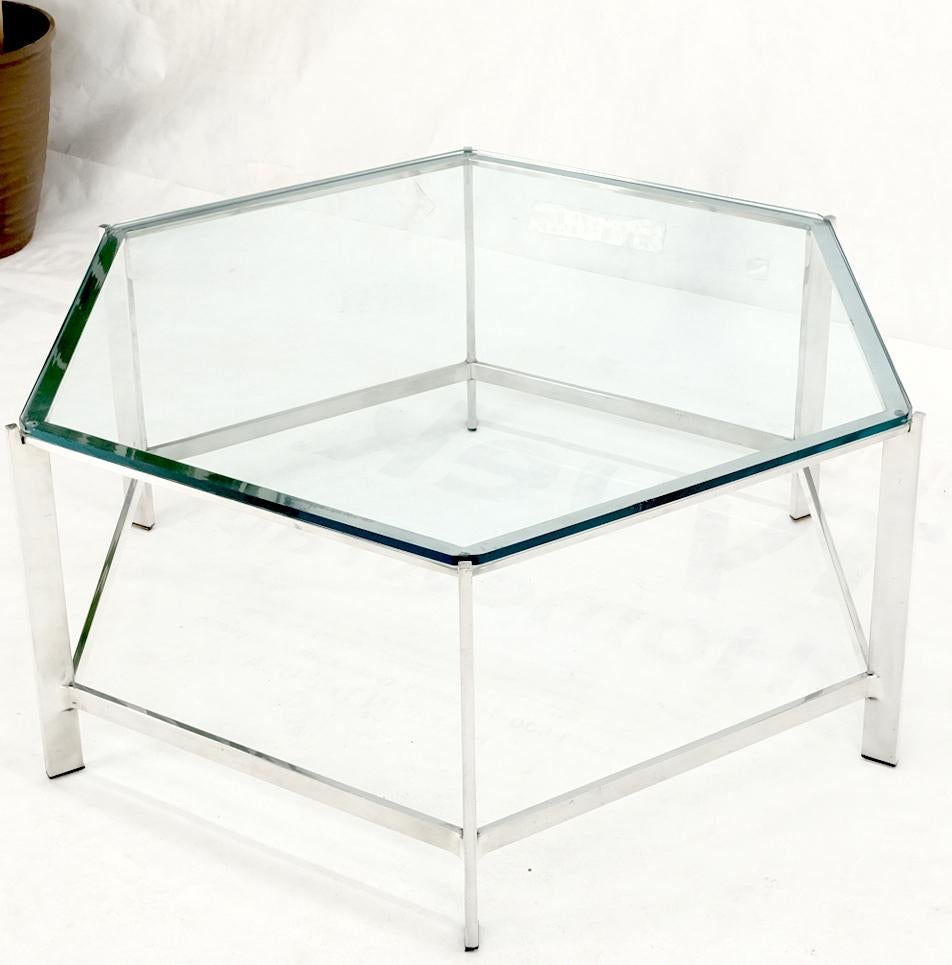 Polished stainless steel hexagon glass top custom Mid-Century Modern bauhaus coffee table.
