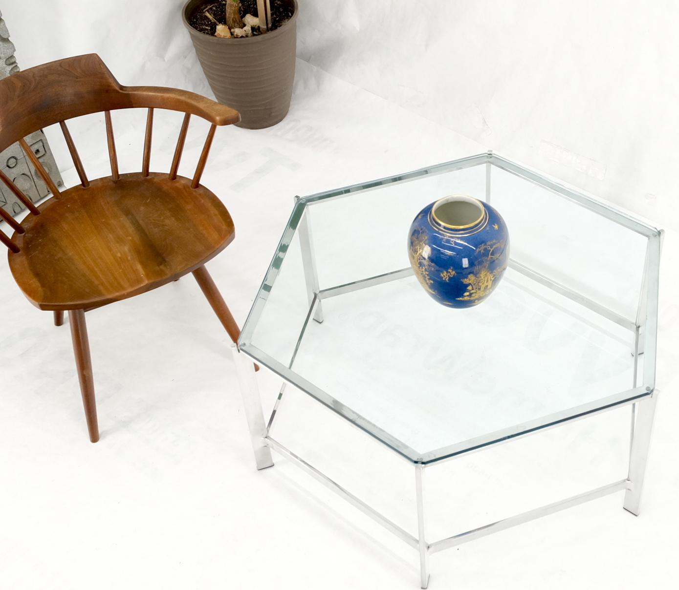 Polished Stainless Steel Hexagon Glass Top Custom Mid-Century Coffee Table In Good Condition For Sale In Rockaway, NJ