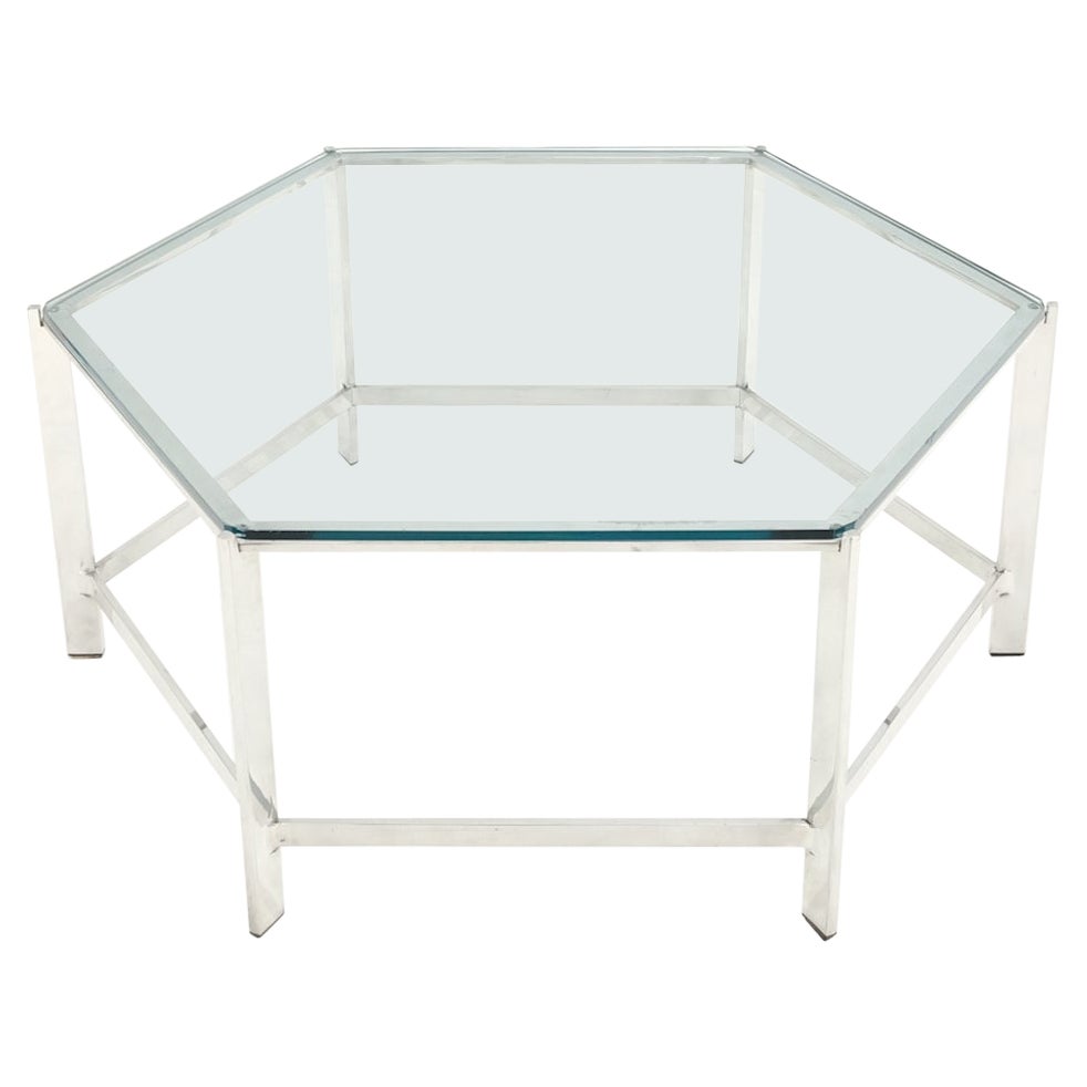 Polished Stainless Steel Hexagon Glass Top Custom Mid-Century Coffee Table