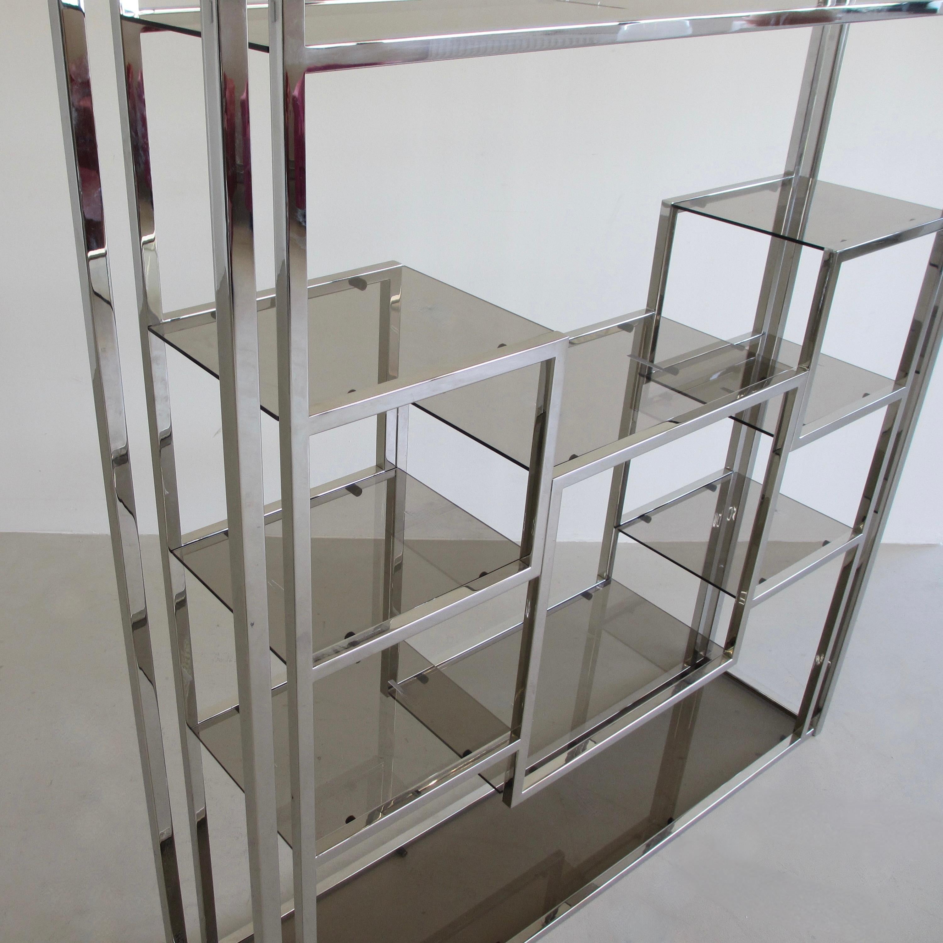 French Polished Stainless Steel Library/ Room Divider by Willy Rizzo, Signed For Sale