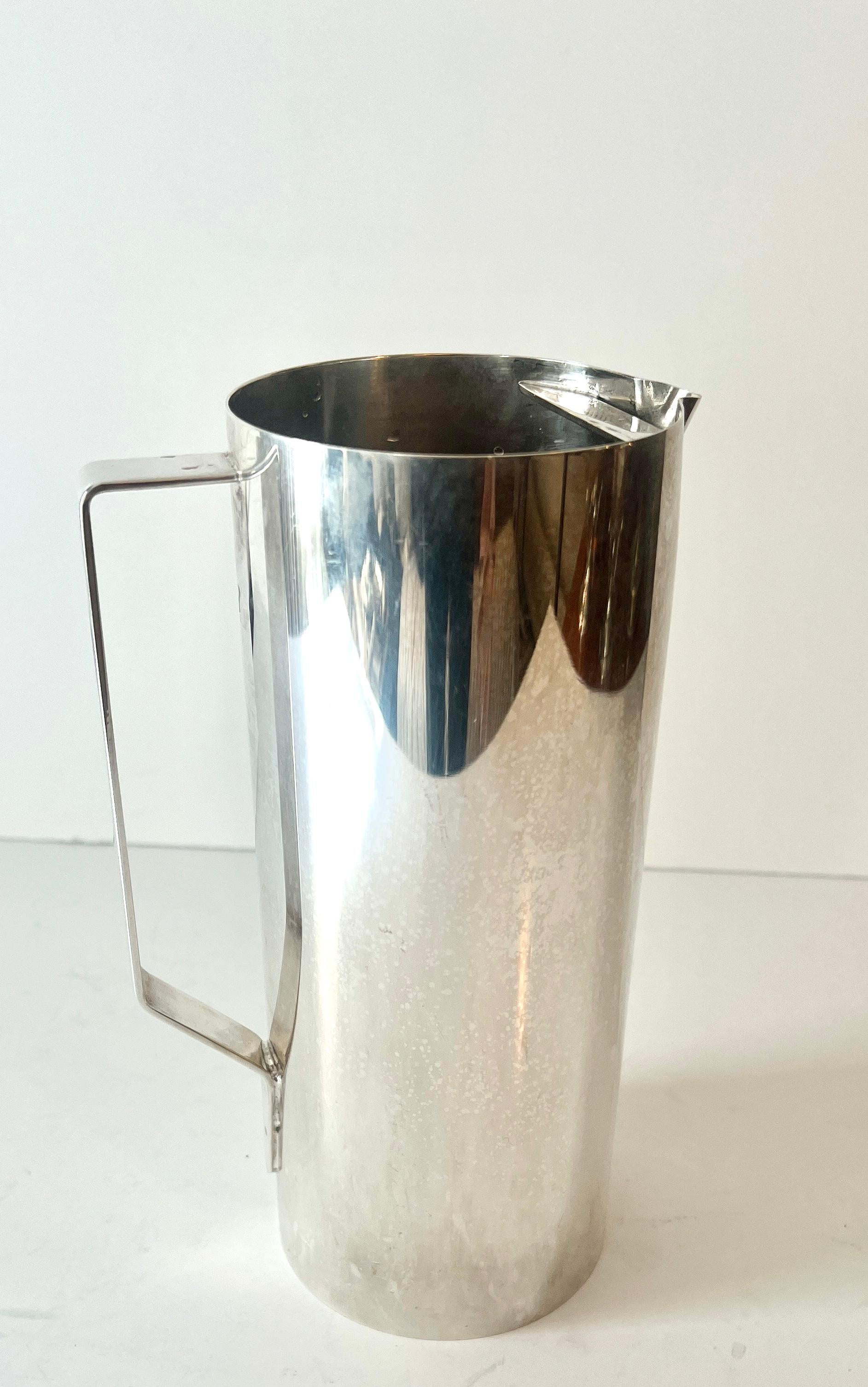 Italian Polished Stainless Steel Mid Century Cocktail or Martini Pitcher and Stir Stick For Sale
