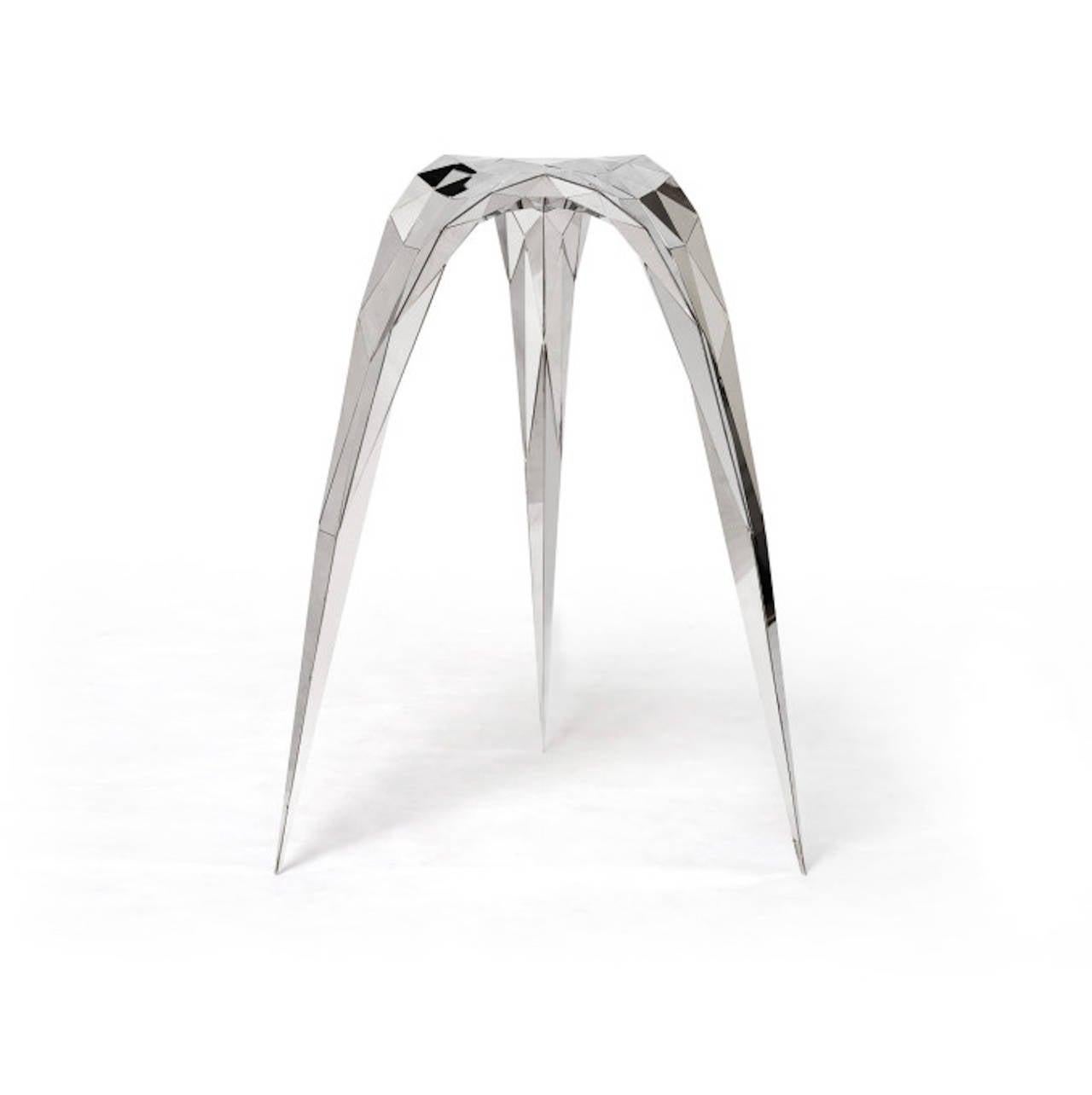 Chinese Polished Stainless Steel Triangle Stool/Side Chair by Zhoujie Zhang For Sale