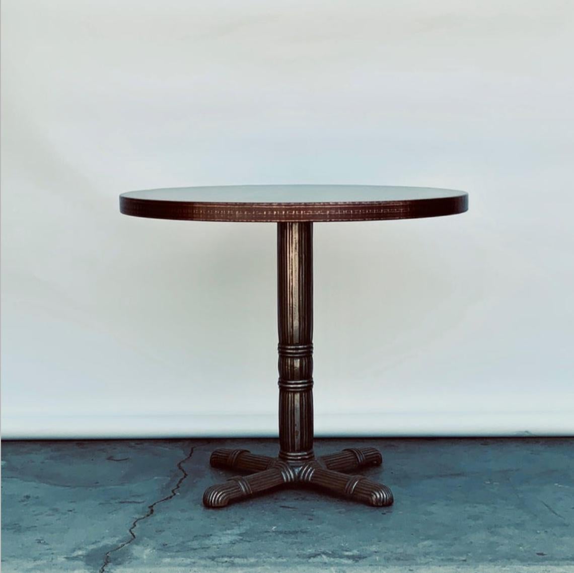 Polished steel and raw copper top gueridon / side table.

Polished steel French Art Deco base with an antiviral raw copper top (researchers reported last month that the novel coronavirus causing the COVID-19 pandemic survives for days on glass and