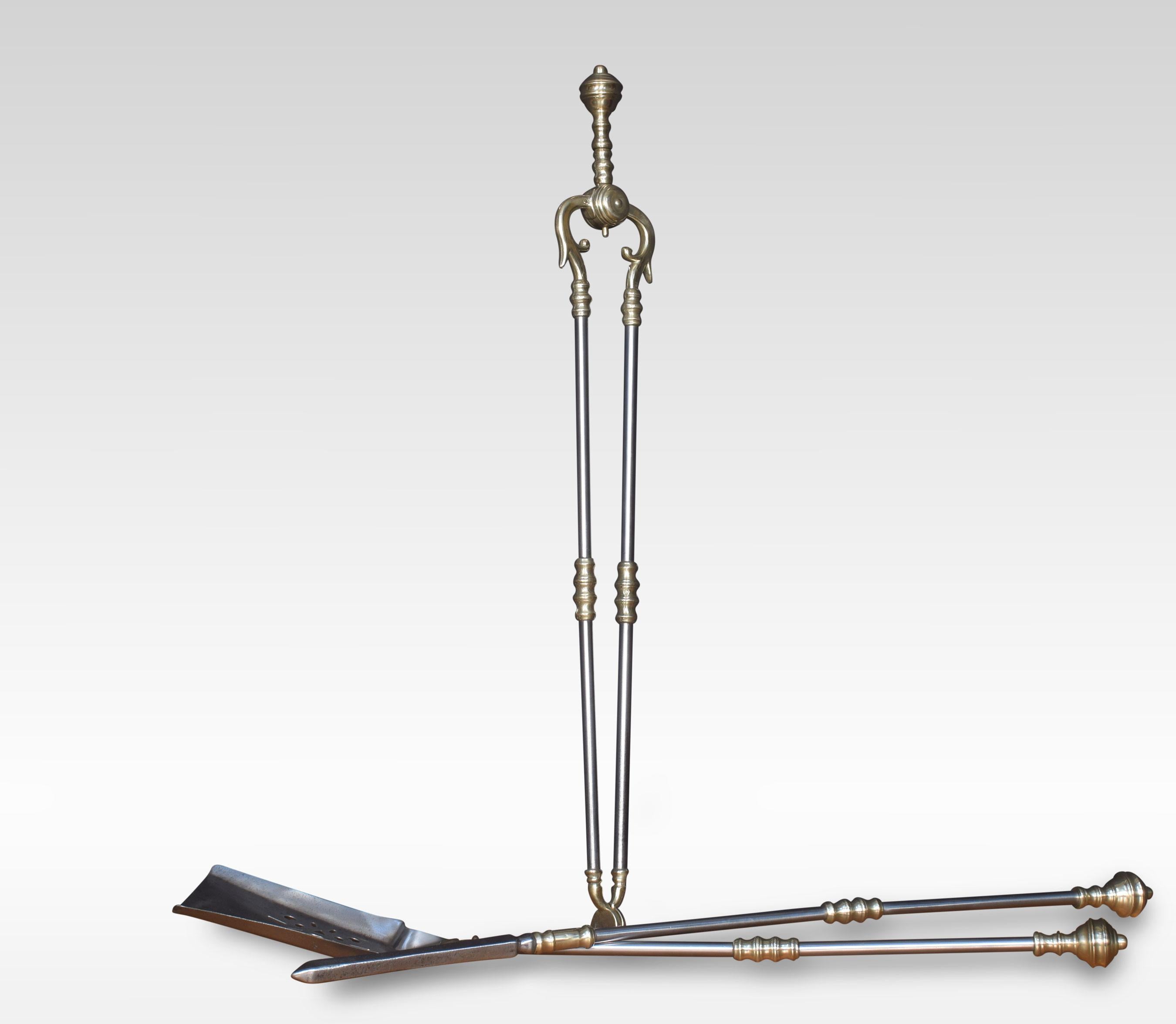 Polished Steel and Brass Triple Companion Fire Tool Set For Sale 3