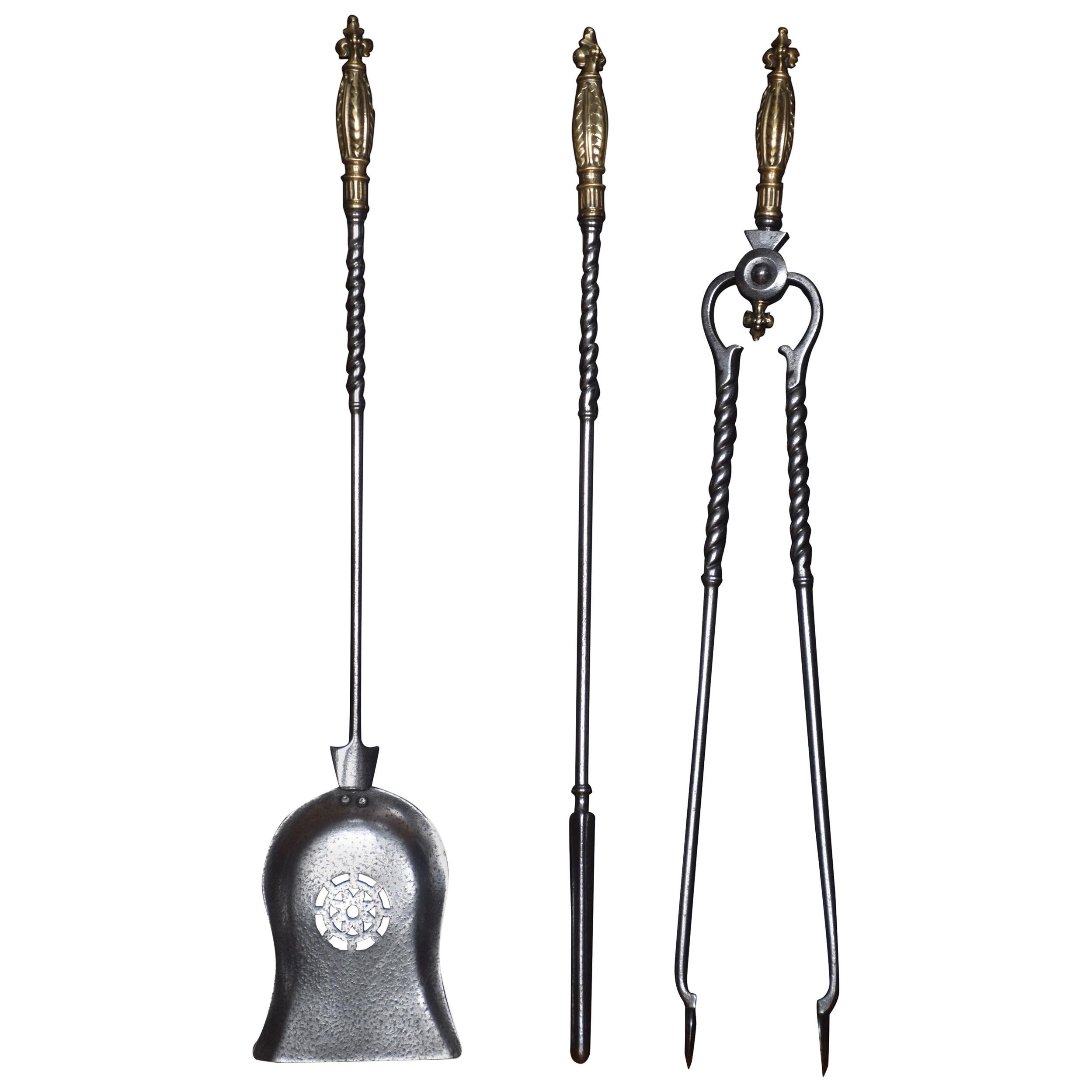 Polished Steel and Brass Triple Companion Fire Tool Set