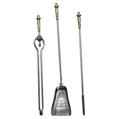 Antique Polished Steel and Brass Triple Companion Fire Tools