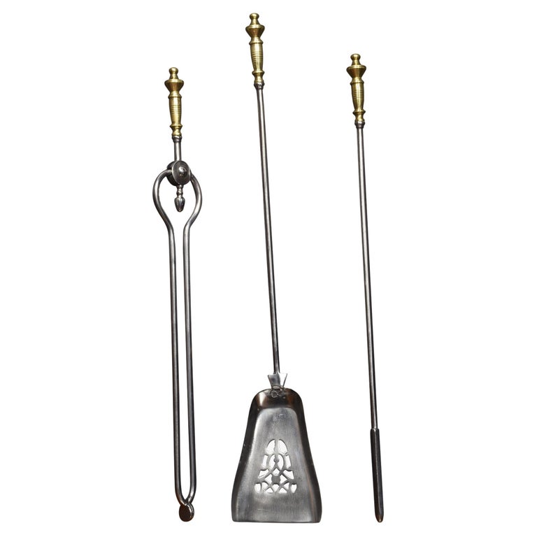 Polished Steel and Brass Triple Companion Fire Tools For Sale at 1stDibs