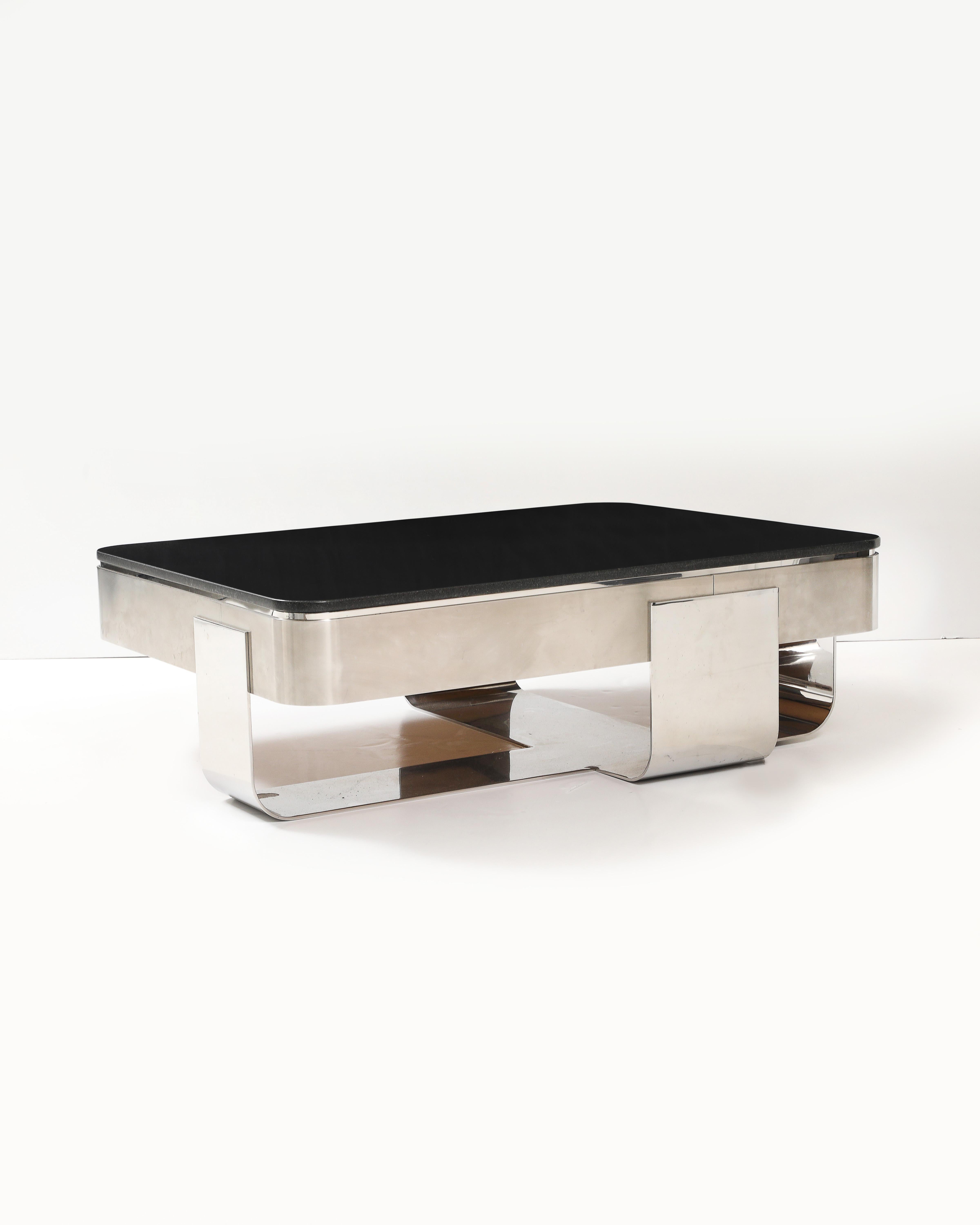Polished Steel and Granite Coffee Table by Uira Grayboff for Brueton, USA In Excellent Condition For Sale In New York City, NY