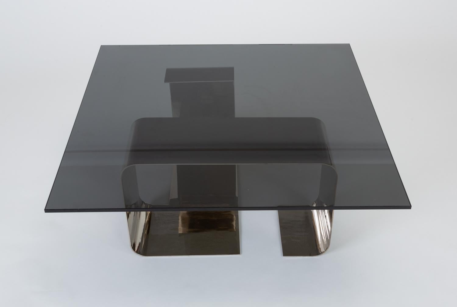 Mid-Century Modern Polished Steel and Smoked Glass Coffee Table by François Monnet for Kappa