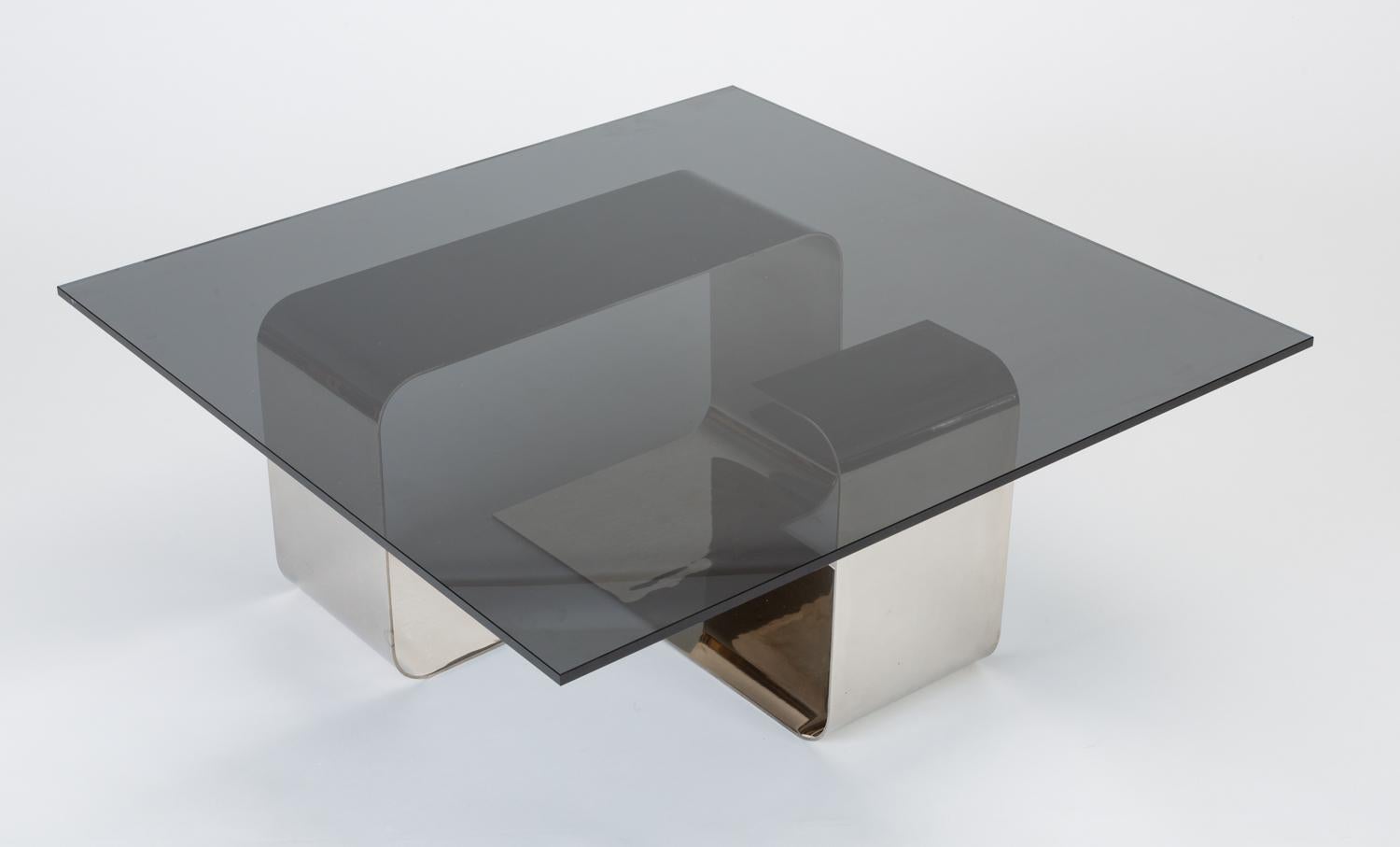 French Polished Steel and Smoked Glass Coffee Table by François Monnet for Kappa