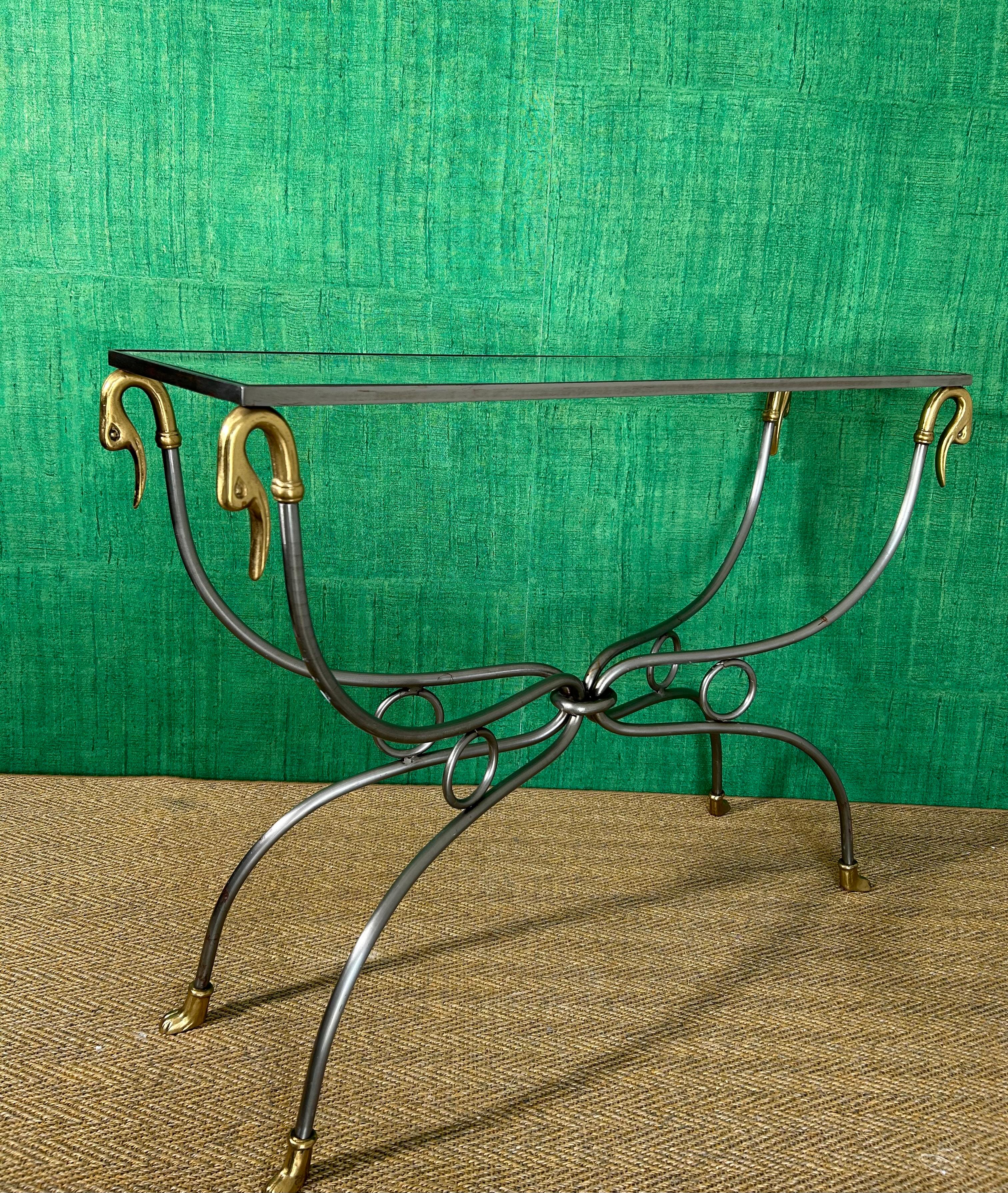 Polished Steel & Brass Console Table, Maison Jansen Style, France, Mid-Century For Sale 3