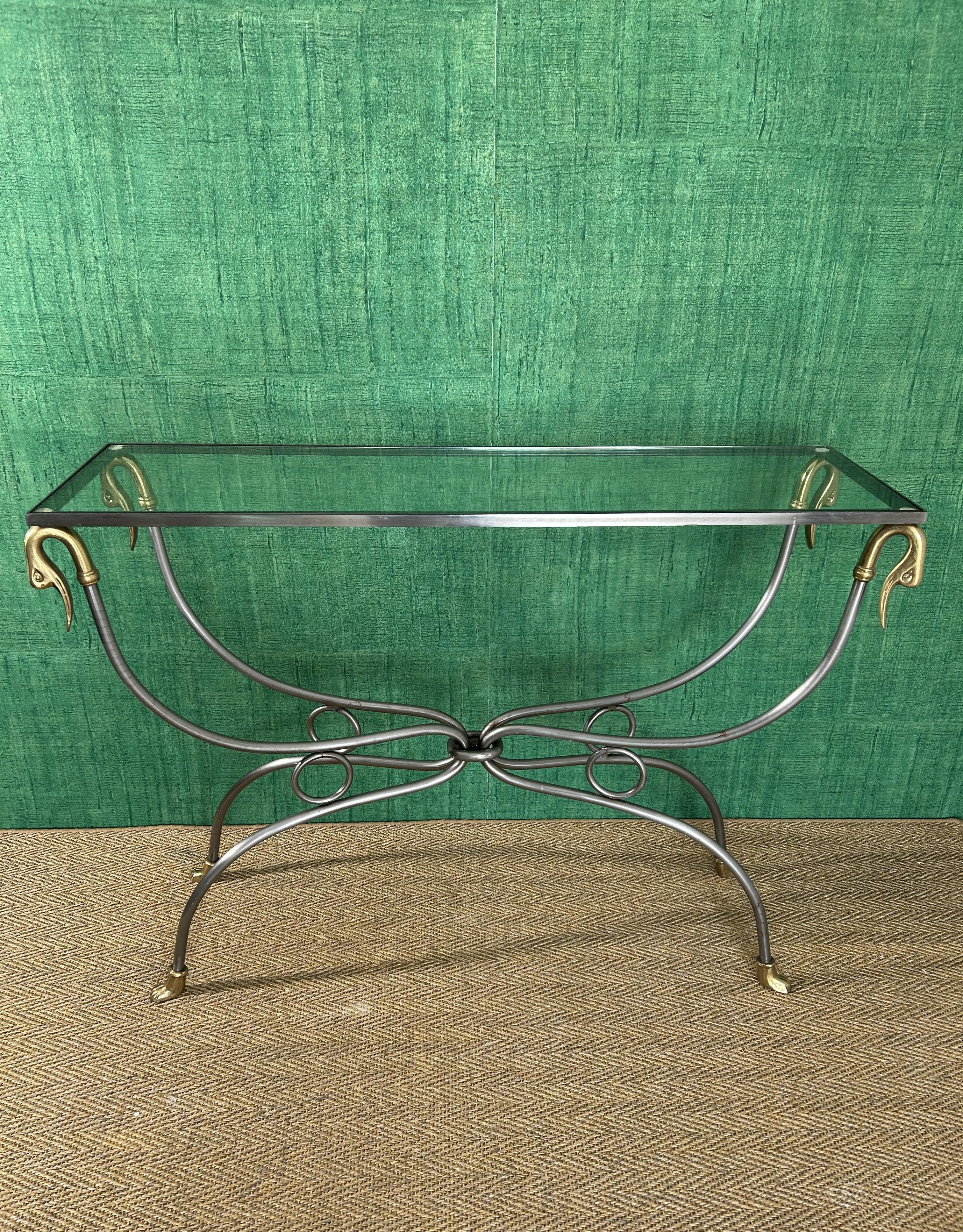 Polished Steel & Brass Console Table, Maison Jansen Style, France, Mid-Century For Sale 4