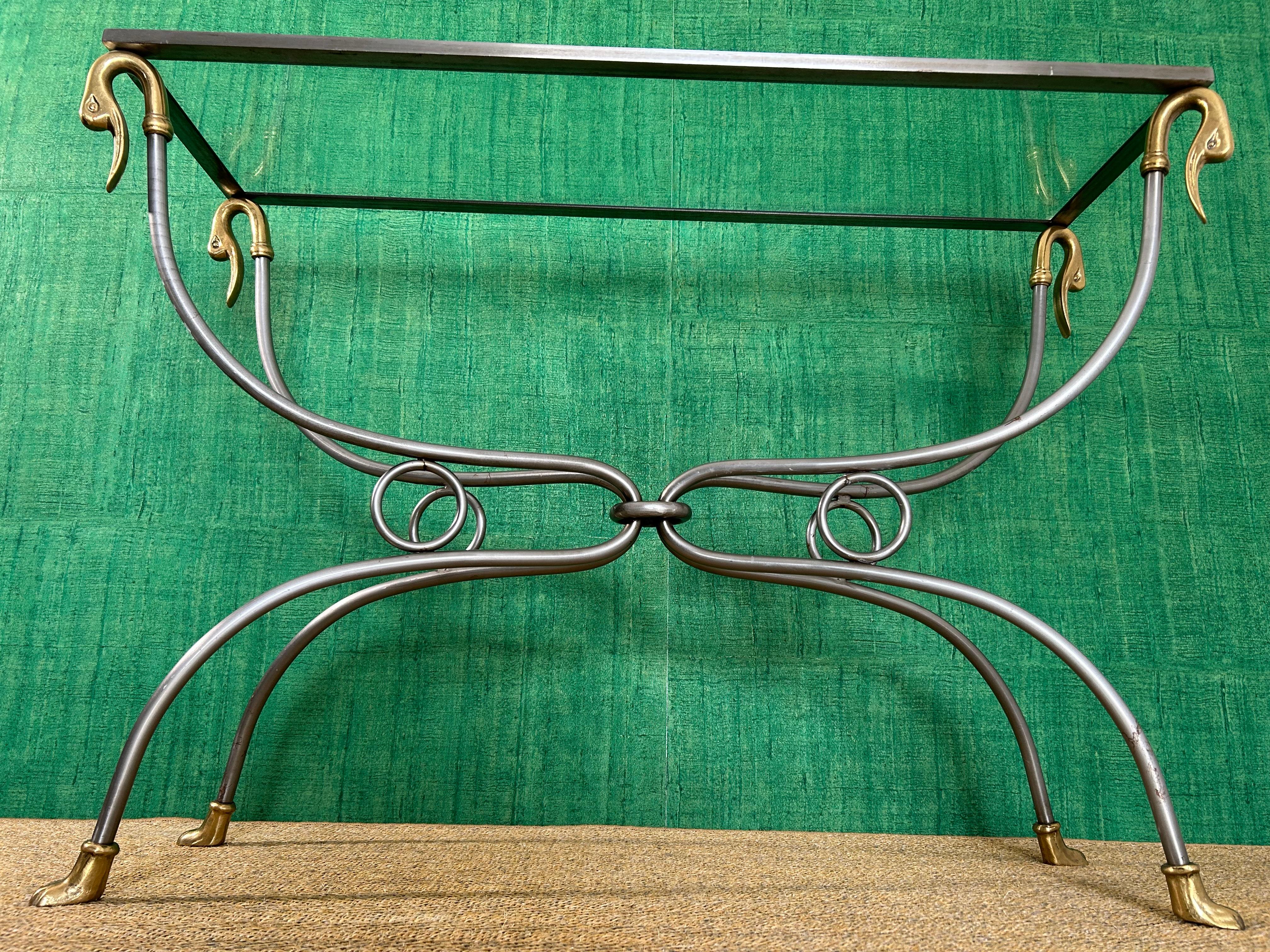 Hollywood Regency Polished Steel & Brass Console Table, Maison Jansen Style, France, Mid-Century For Sale
