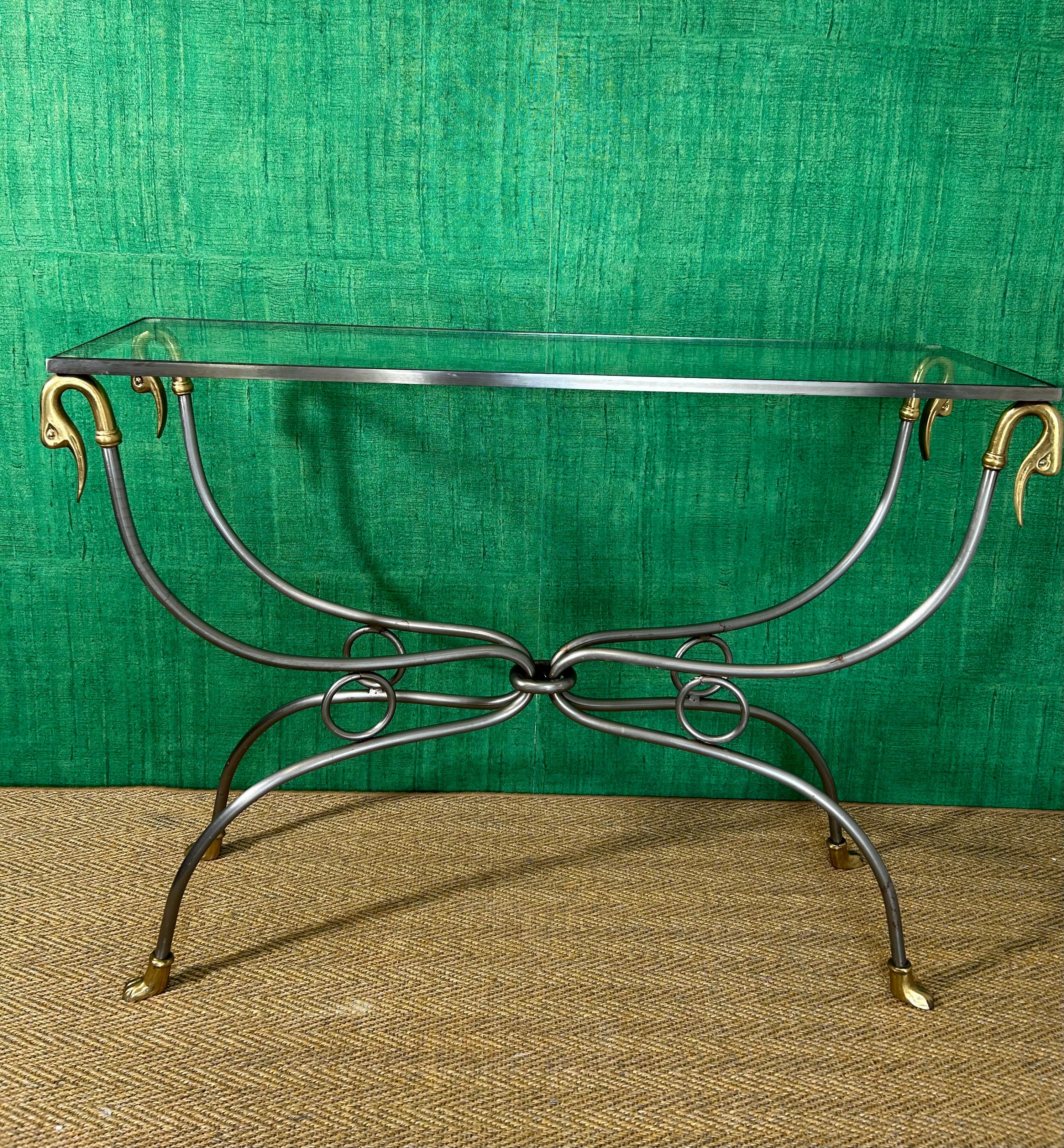 Gilt Polished Steel & Brass Console Table, Maison Jansen Style, France, Mid-Century For Sale