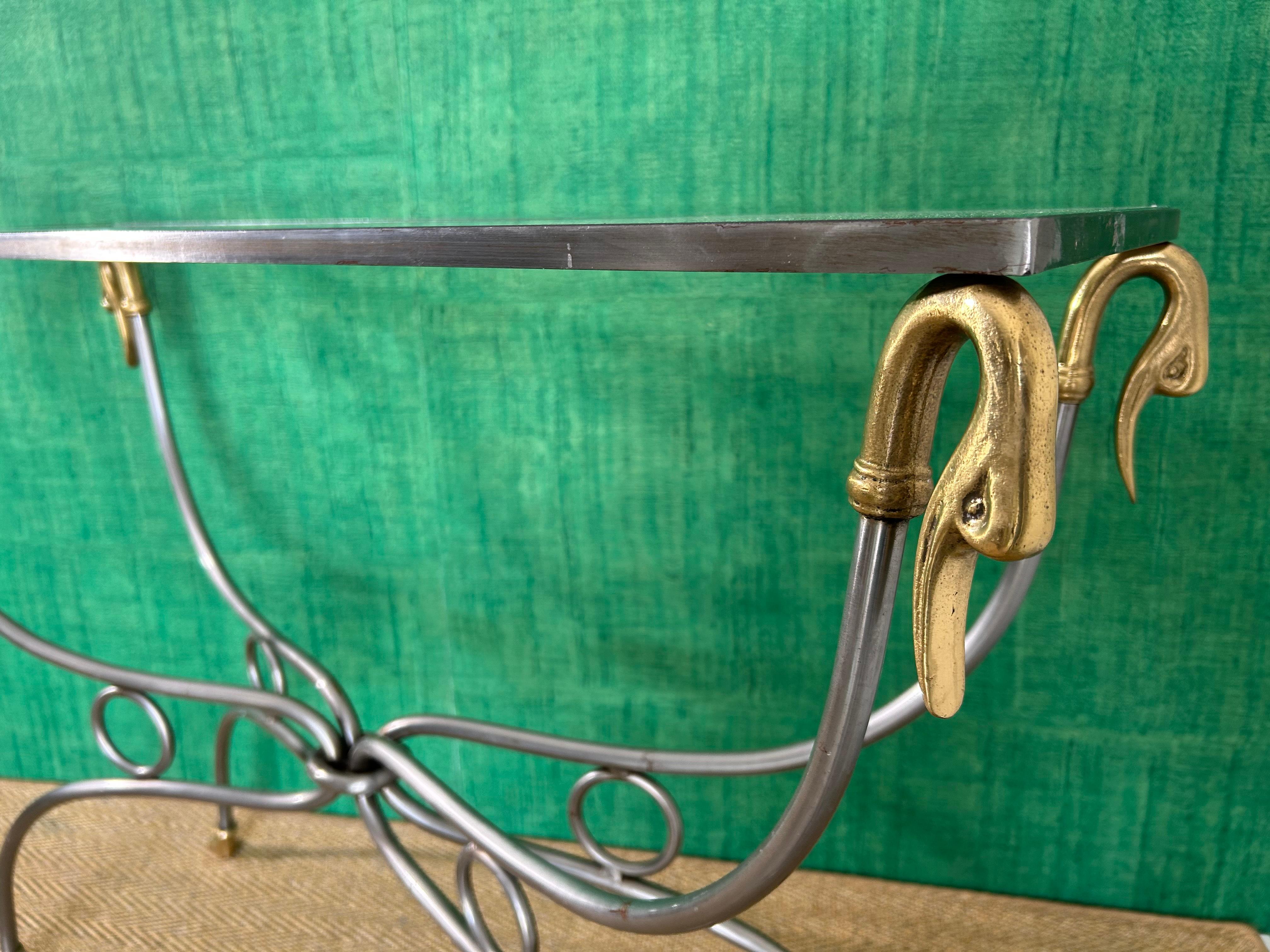 Mid-20th Century Polished Steel & Brass Console Table, Maison Jansen Style, France, Mid-Century For Sale