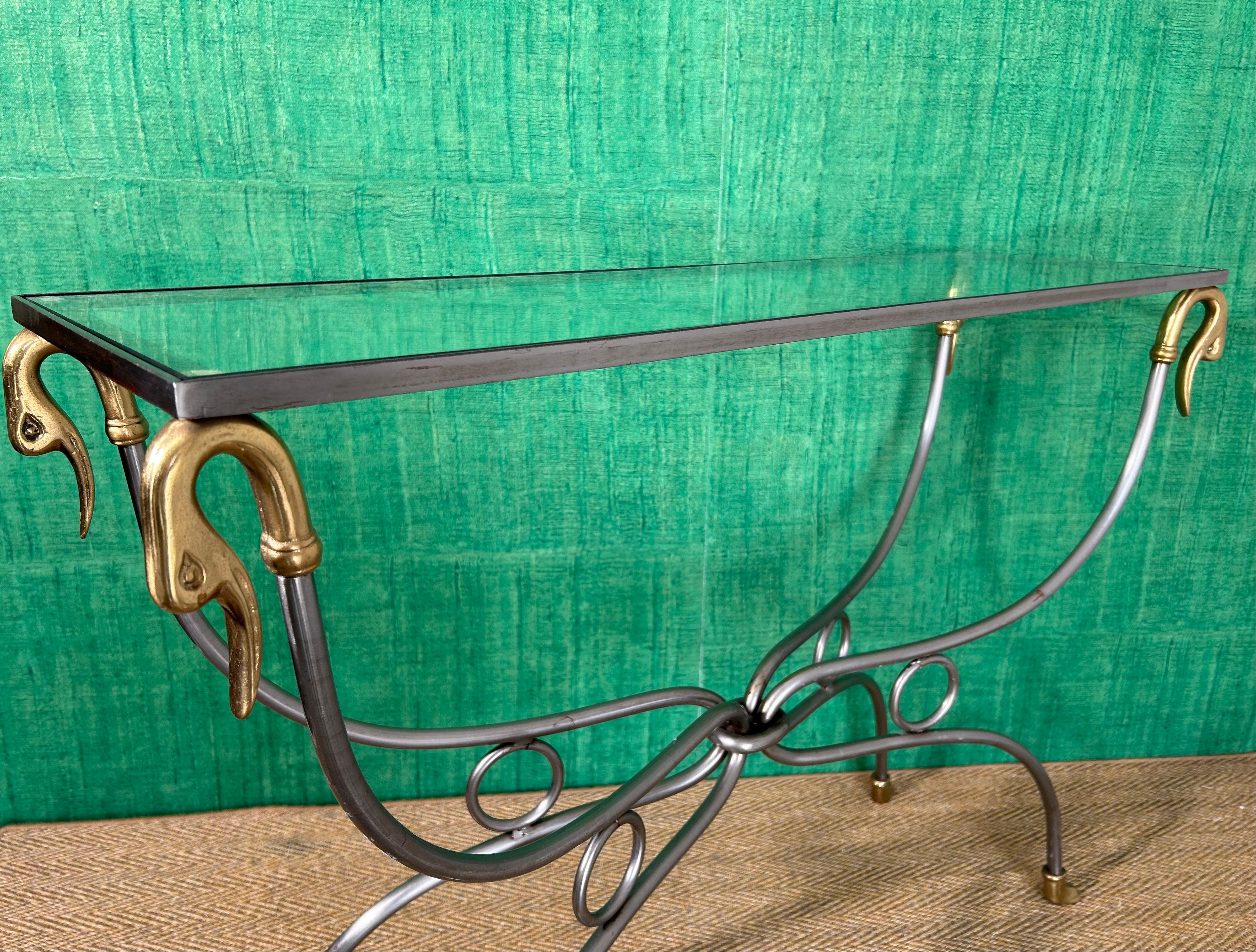Polished Steel & Brass Console Table, Maison Jansen Style, France, Mid-Century For Sale 1