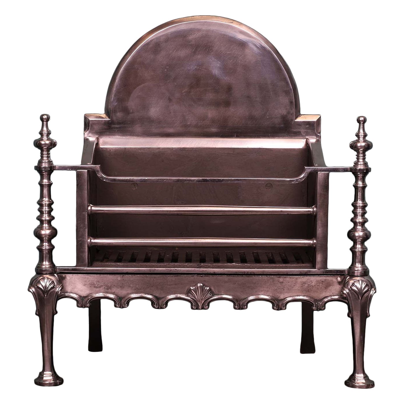 Polished Steel Fire Grate in the Queen Anne Manner For Sale