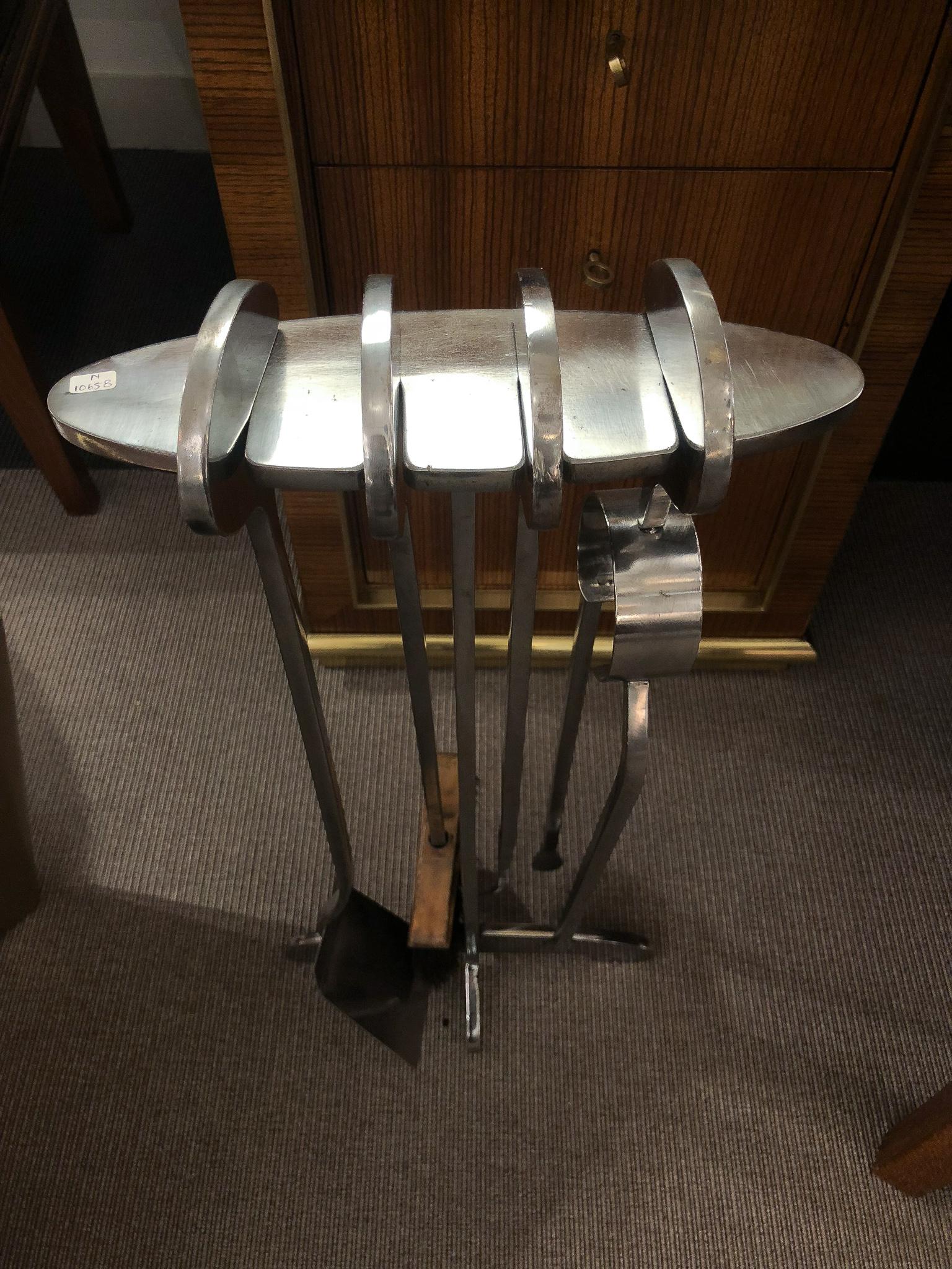 Late 20th Century Polished Steel Fire Tool Set, France, 1970 For Sale