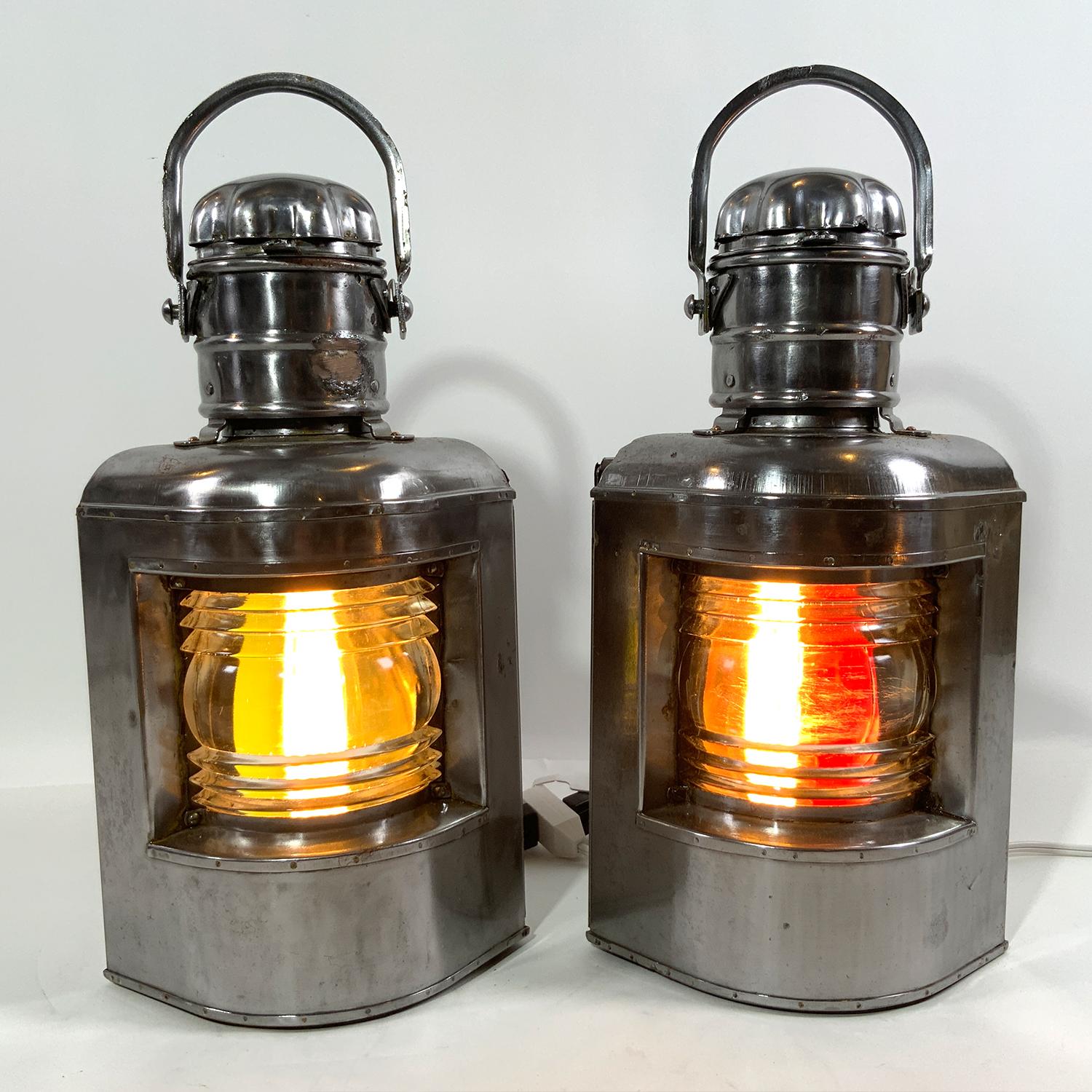 Port and starboard ships lanterns with Fresnel lenses. Vented tops, carry handles and sliding rear doors. Recently rewired for home use. Very clean. Both have clear lenses with no red or green filters.