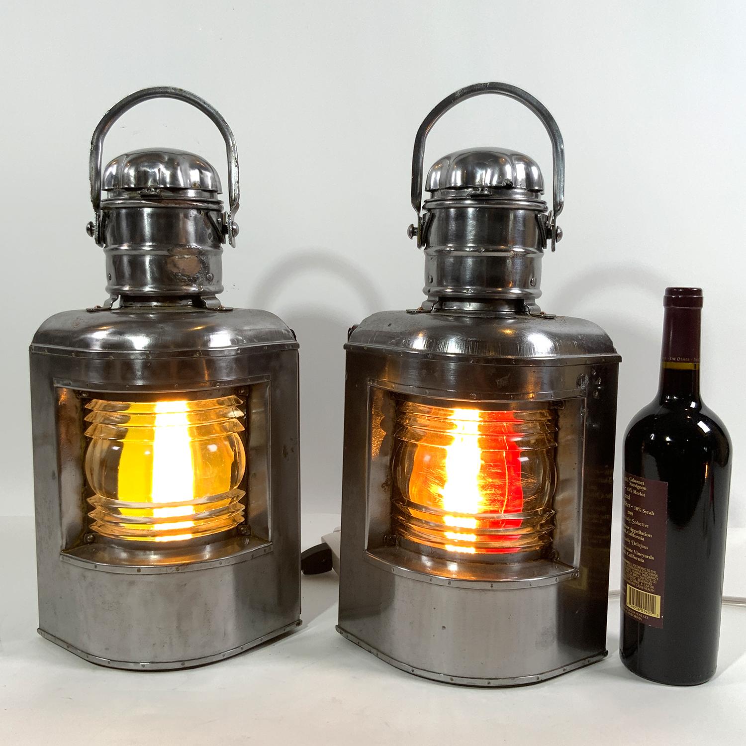 Central American Polished Steel Port and Starboard Ship Lanterns For Sale