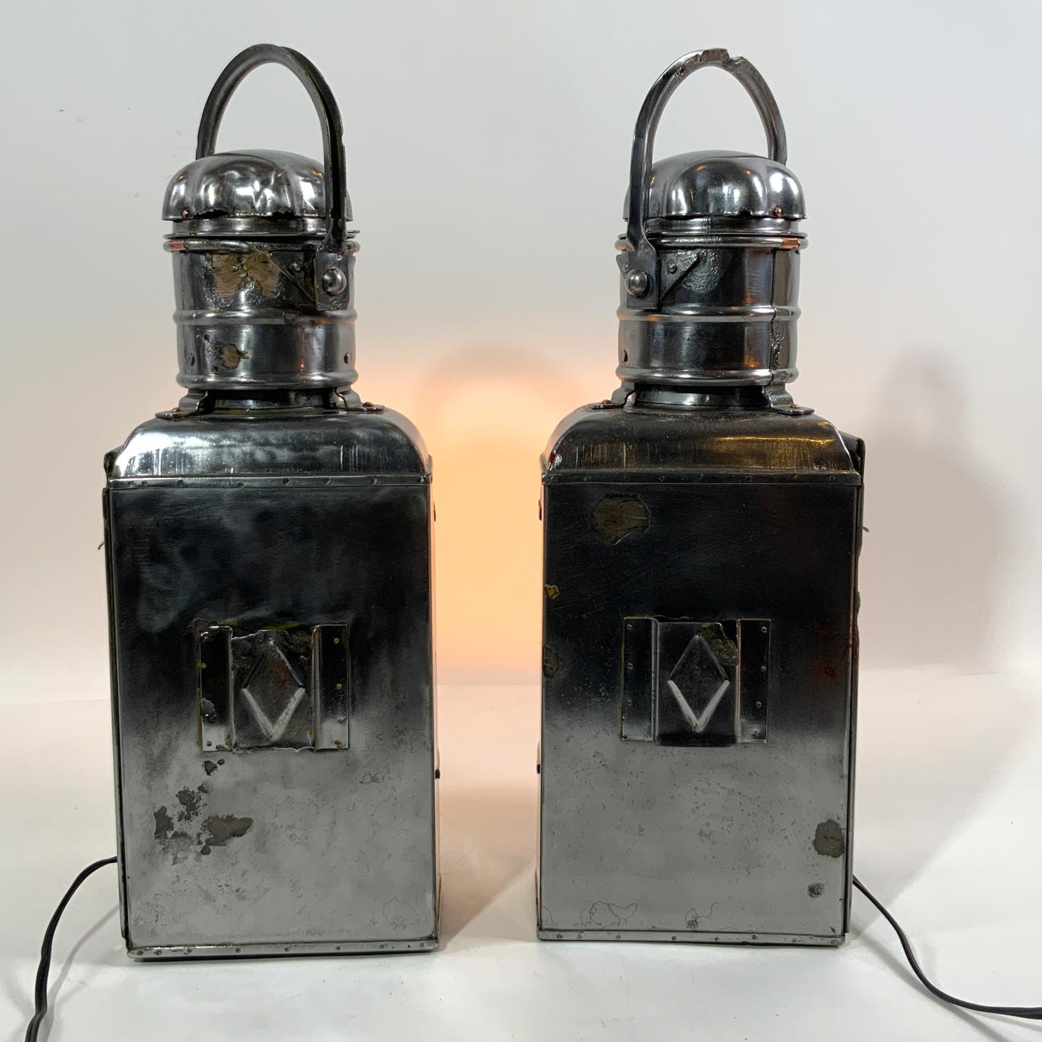 Lacquered Polished Steel Port and Starboard Ship Lanterns For Sale
