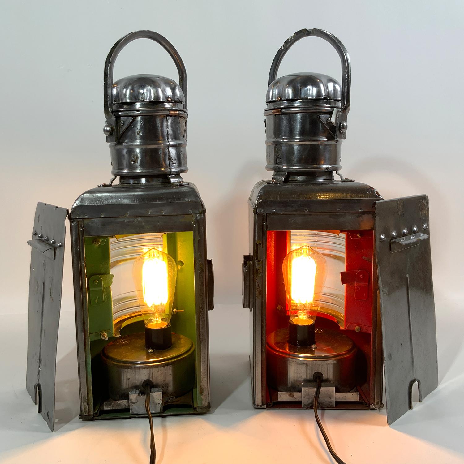 Polished Steel Port and Starboard Ship Lanterns In Good Condition For Sale In Norwell, MA