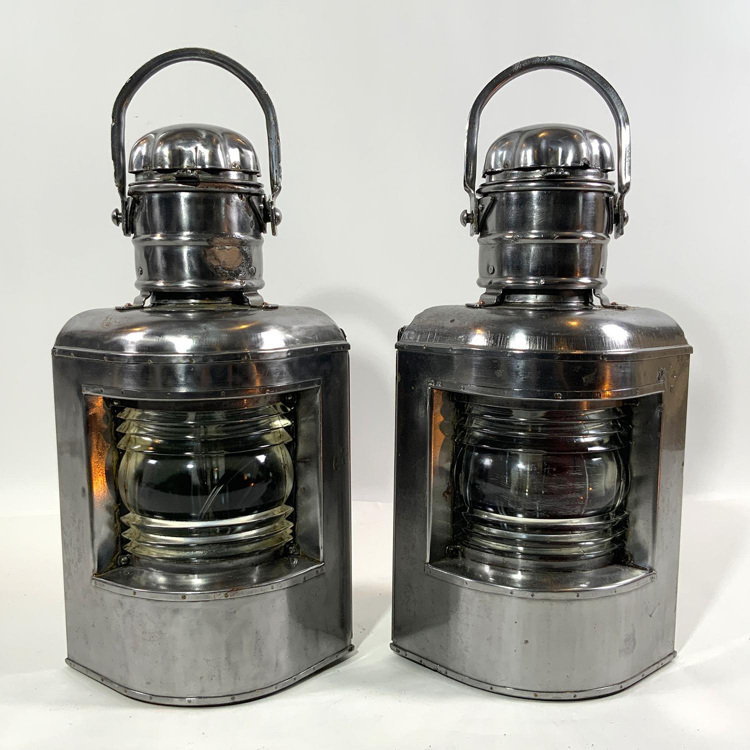 Mid-20th Century Polished Steel Port and Starboard Ship Lanterns For Sale