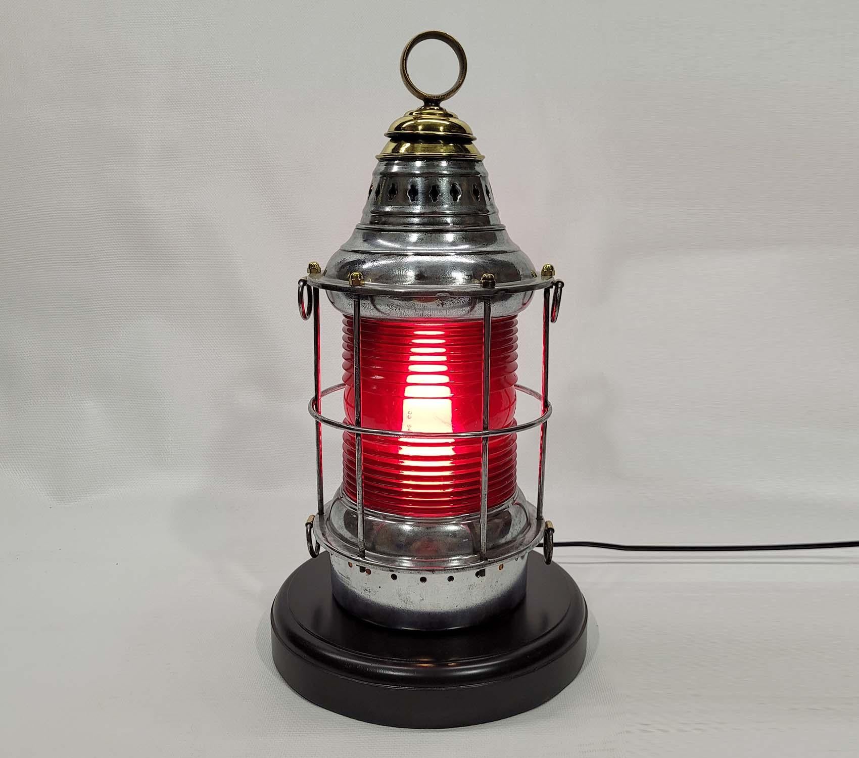 Polished Steel Ships Lantern with Ruby Red Lens In Good Condition For Sale In Norwell, MA