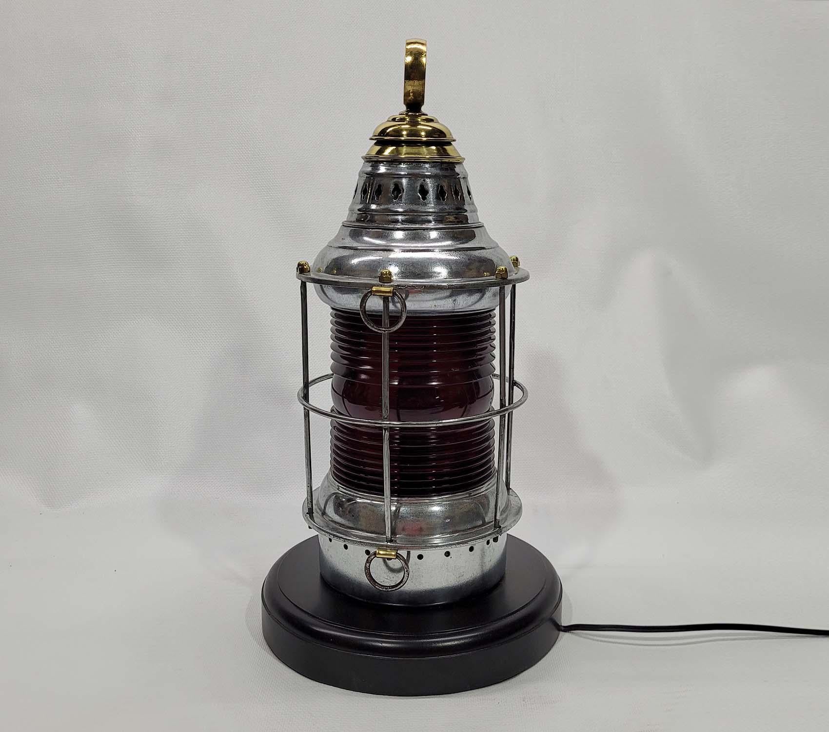 Mid-20th Century Polished Steel Ships Lantern with Ruby Red Lens For Sale