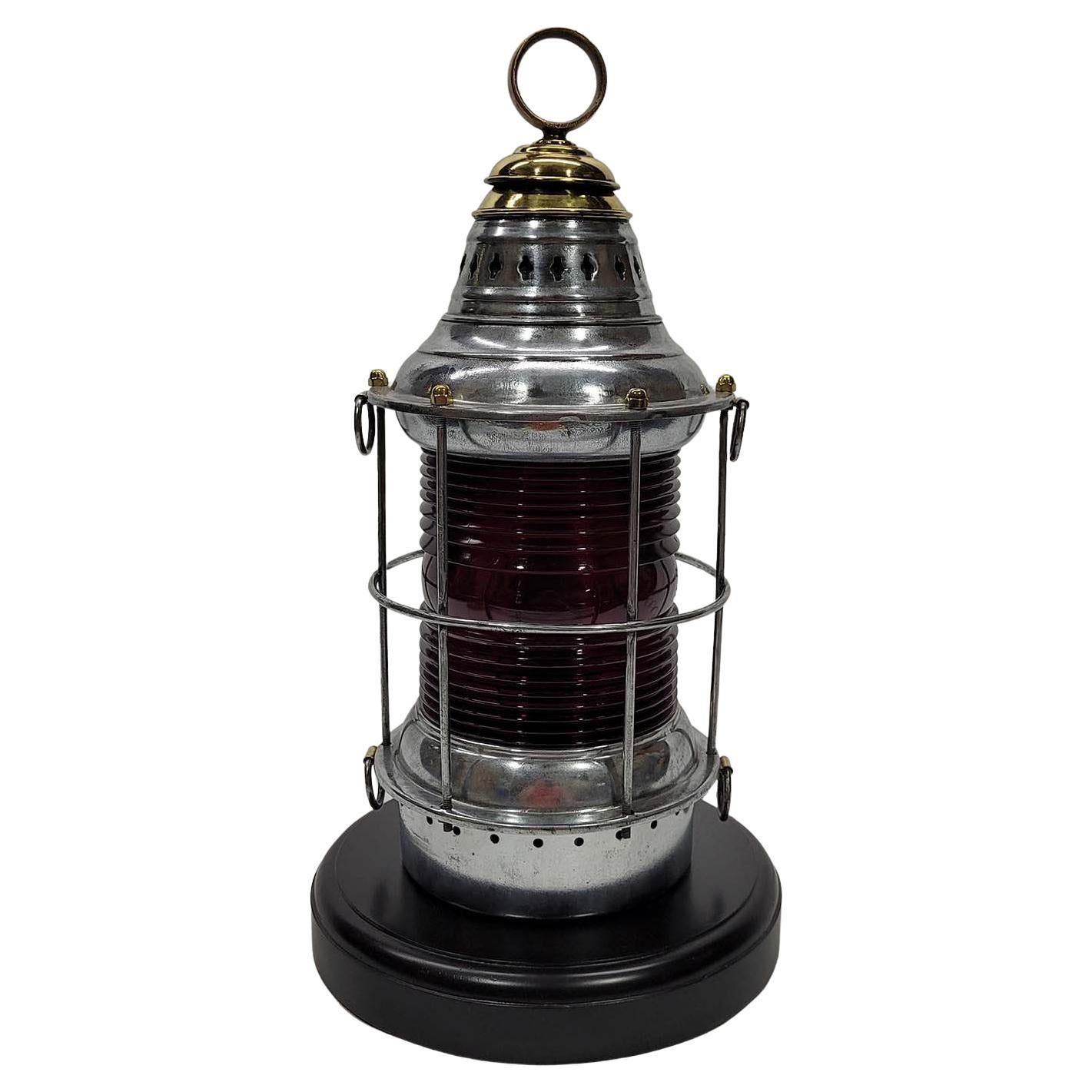 Polished Steel Ships Lantern with Ruby Red Lens