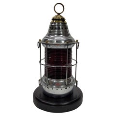 Vintage Polished Steel Ships Lantern with Ruby Red Lens