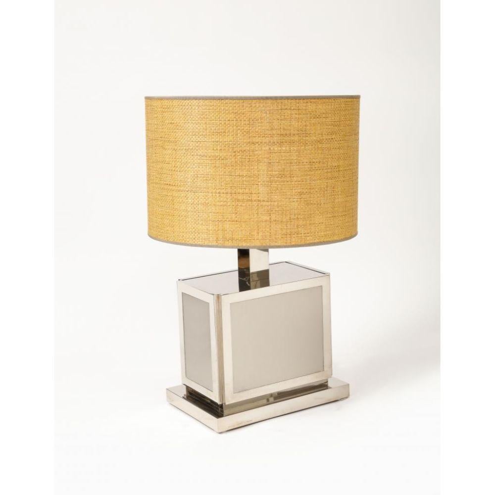 Modern Polished Steel Table Lamp with Rattan Shade by Liwan's, circa 1950