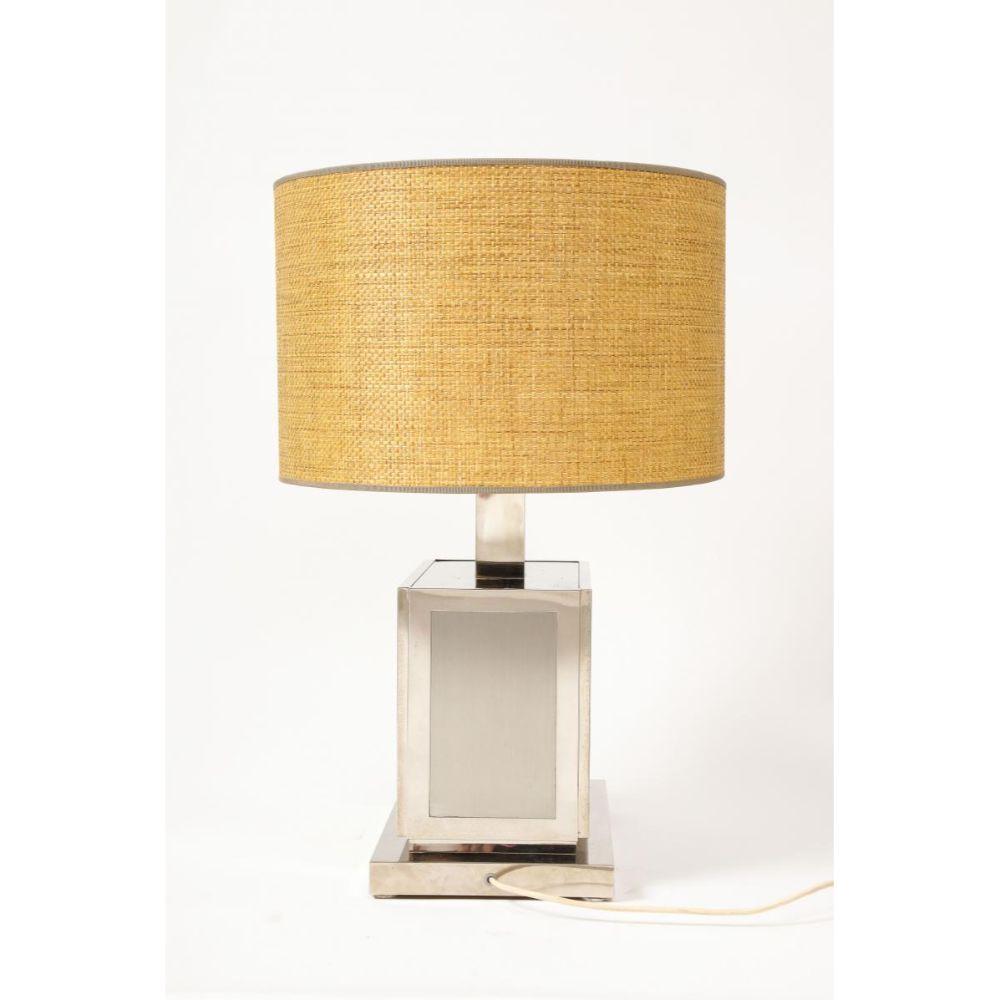 Italian Polished Steel Table Lamp with Rattan Shade by Liwan's, circa 1950