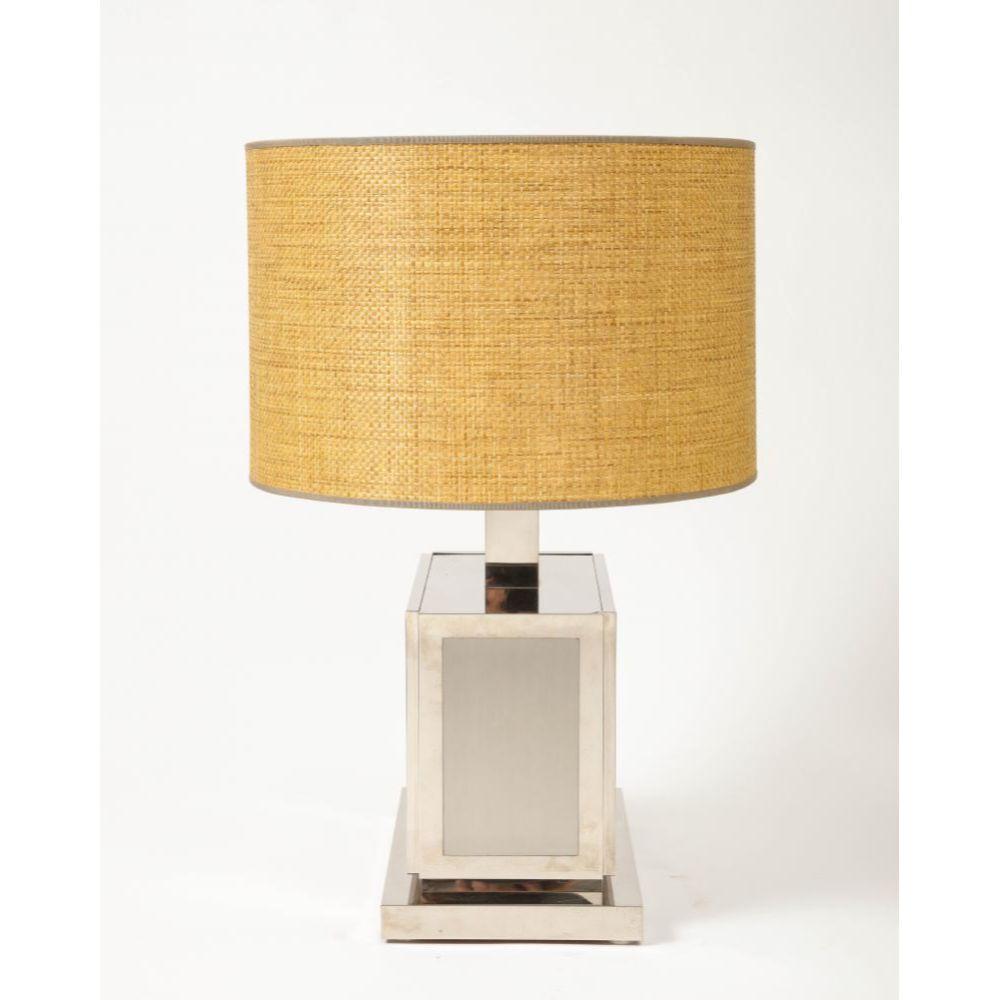 Polished Steel Table Lamp with Rattan Shade by Liwan's, circa 1950 In Good Condition In New York City, NY