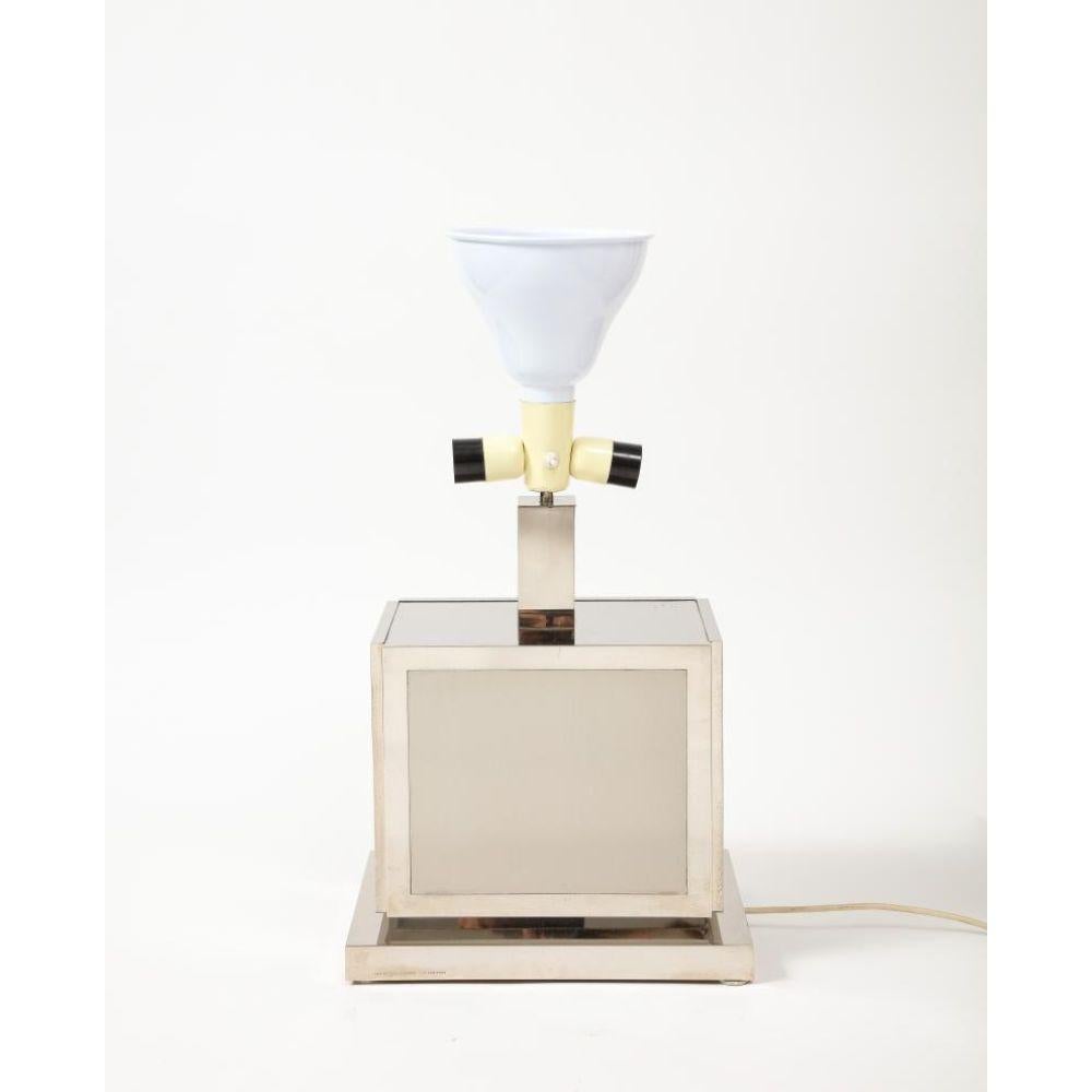 20th Century Polished Steel Table Lamp with Rattan Shade by Liwan's, circa 1950