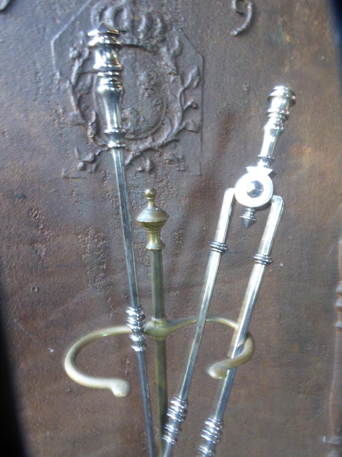 Brass Polished Steel Victorian Fireplace Tool Set or Fire Tools, 19th Century For Sale