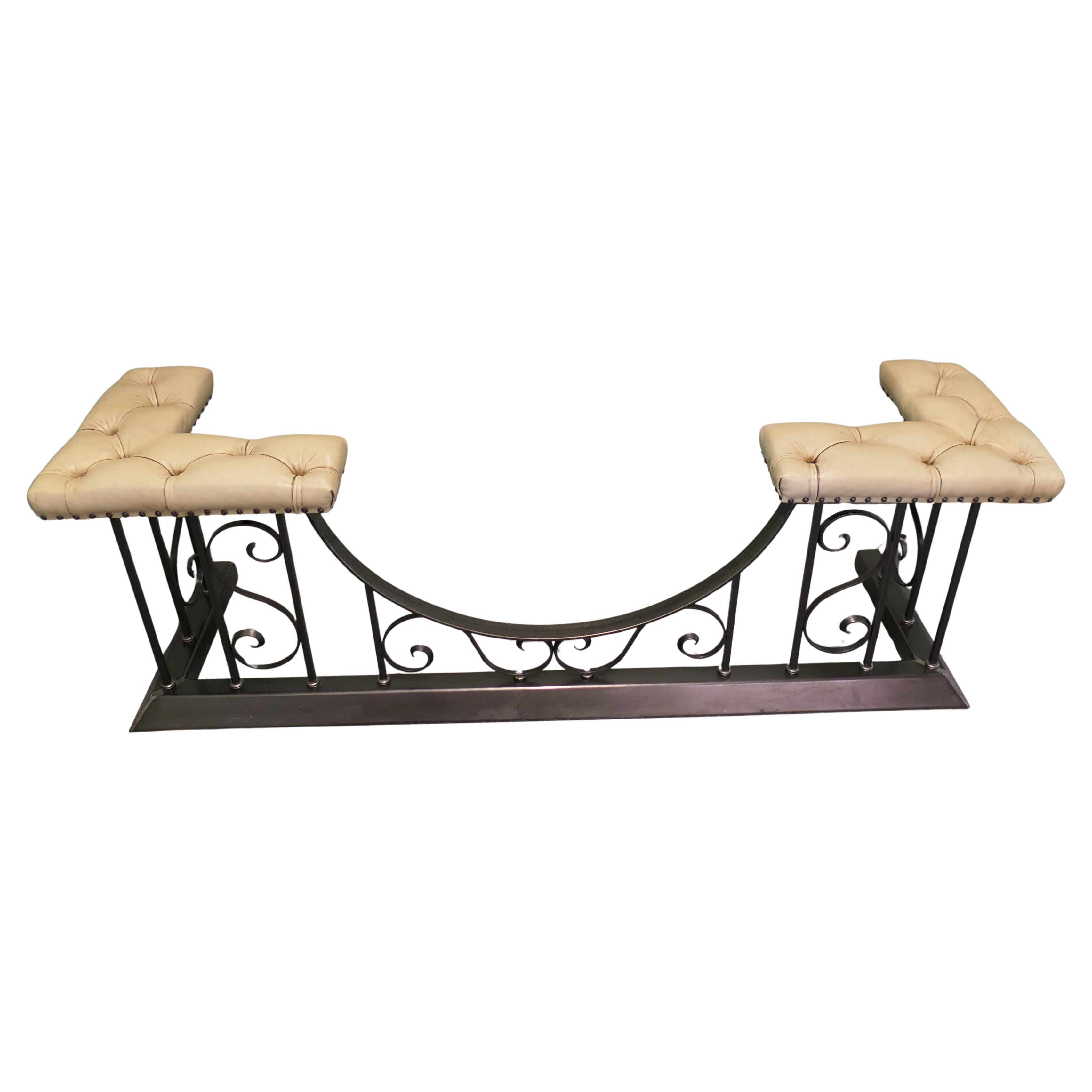 Polished Steel Wrought Iron and Leather Club Fender For Sale