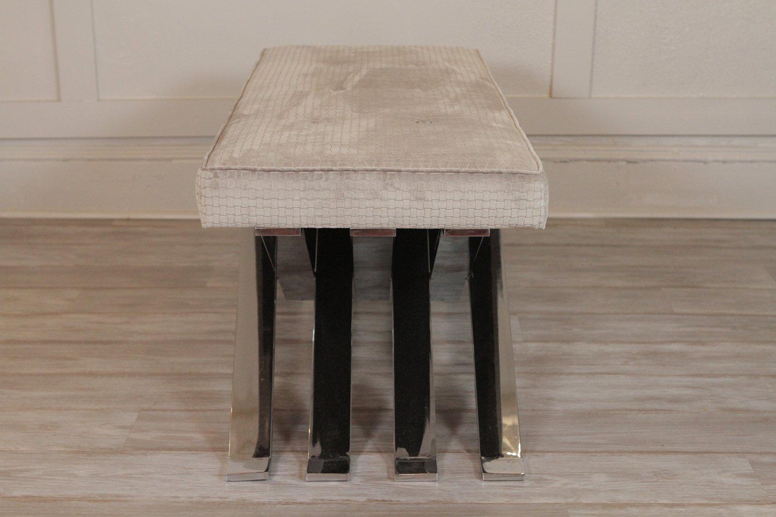 Polished steel Zig Zag bench with newly upholstered basket weave velvet top.