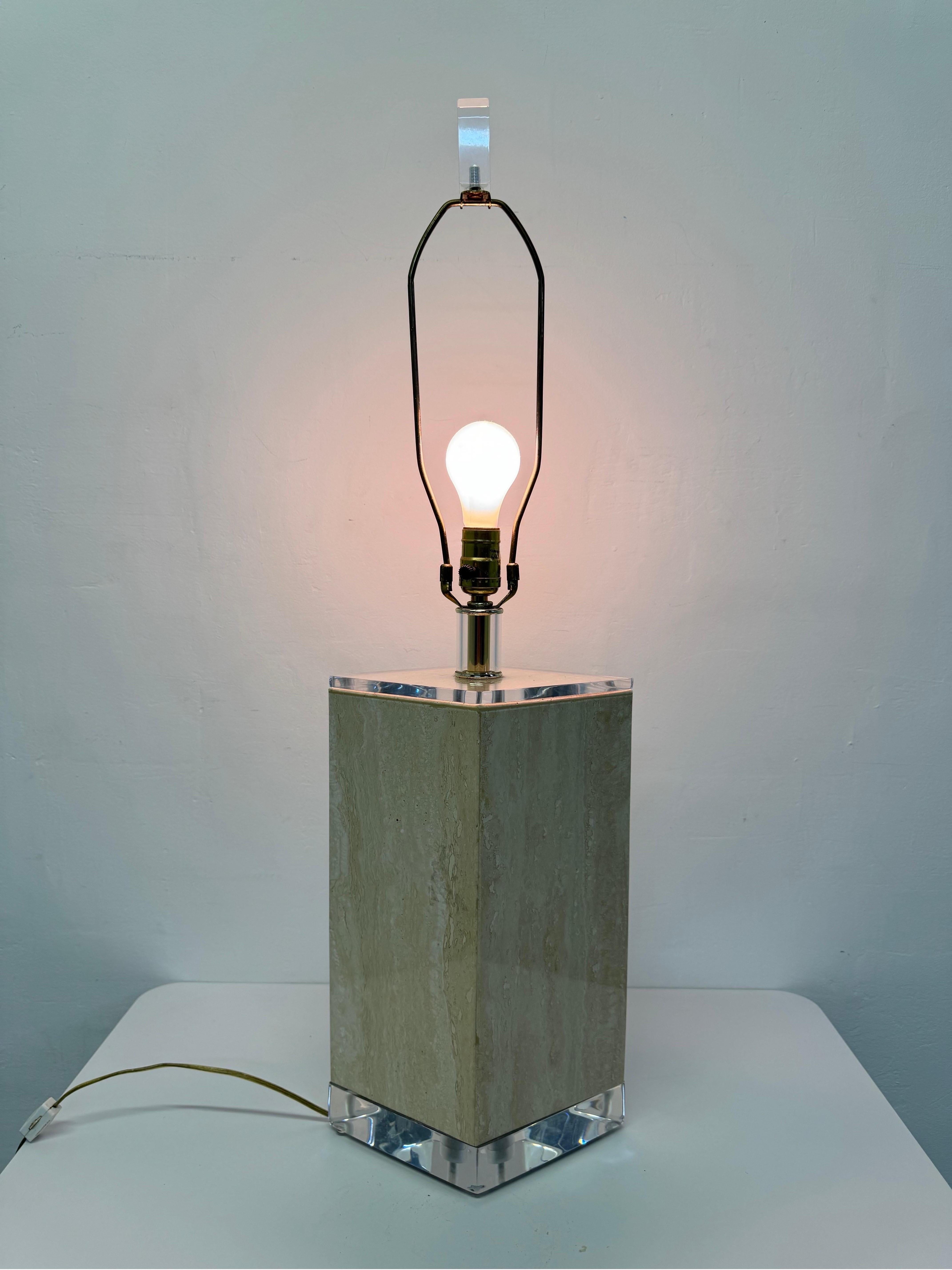 Polished Travertine and Lucite Table Lamp by Bauer Lamp Company, 1970s For Sale 7
