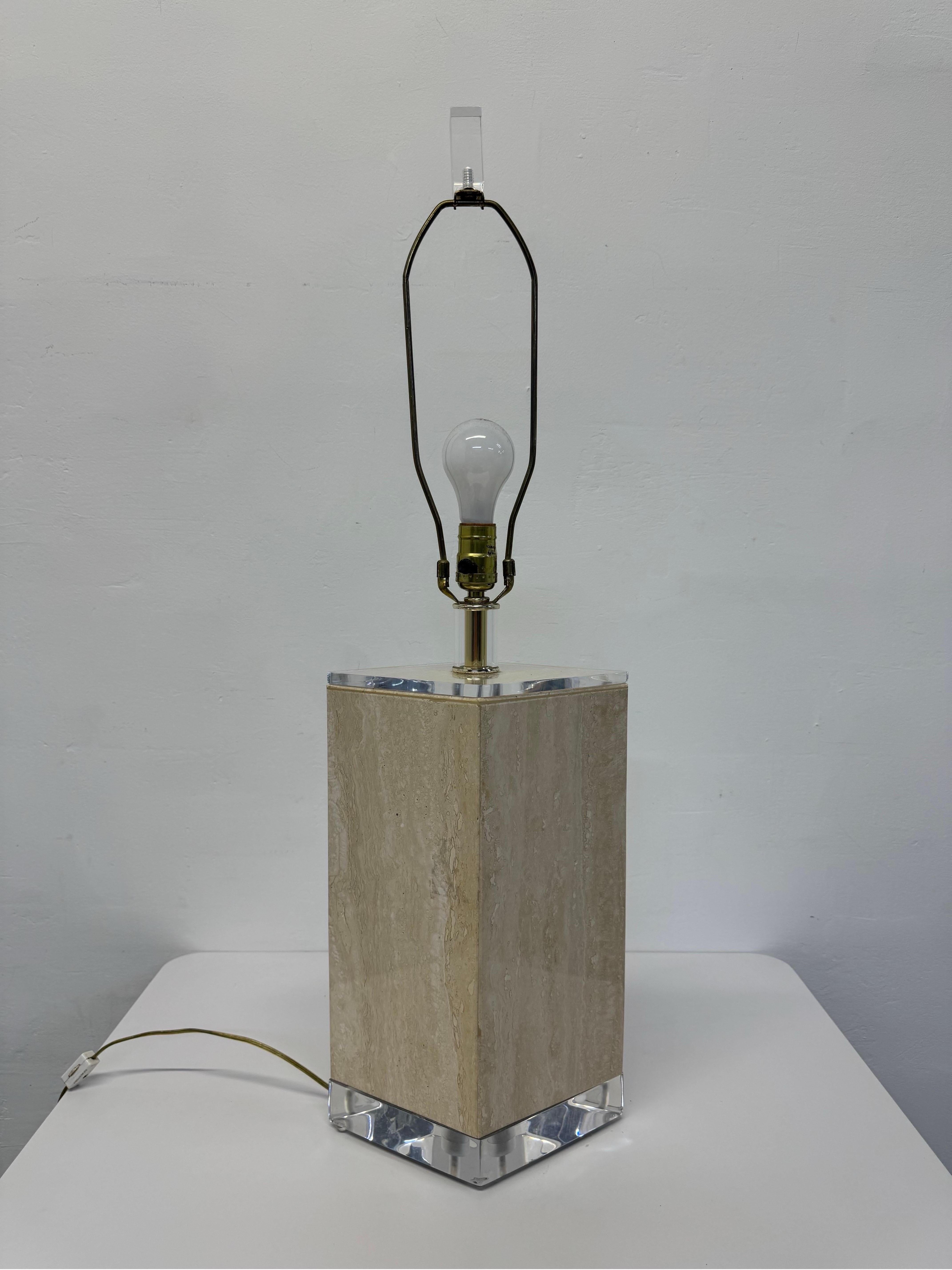 Mid-Century Modern Polished Travertine and Lucite Table Lamp by Bauer Lamp Company, 1970s For Sale